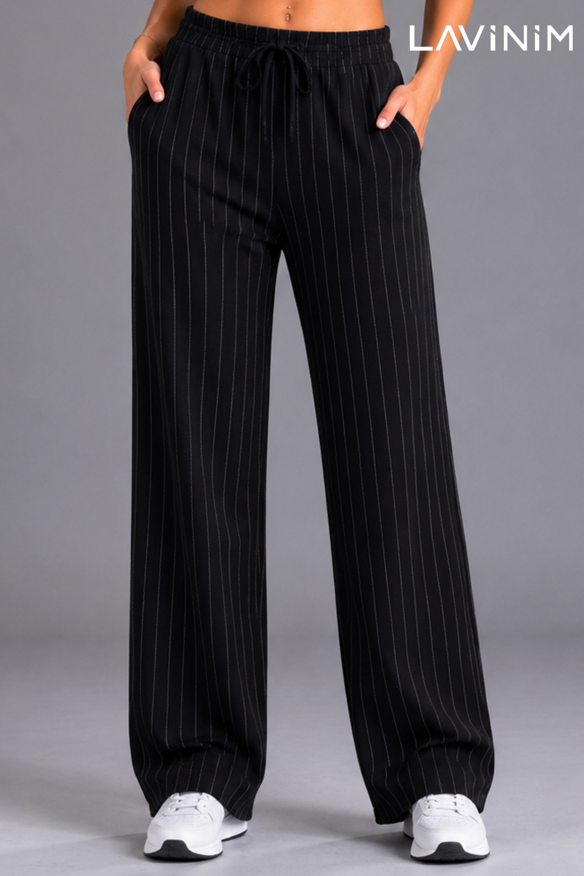 LAVİNİM Linen Striped Women's Wide Leg Trousers with Pockets