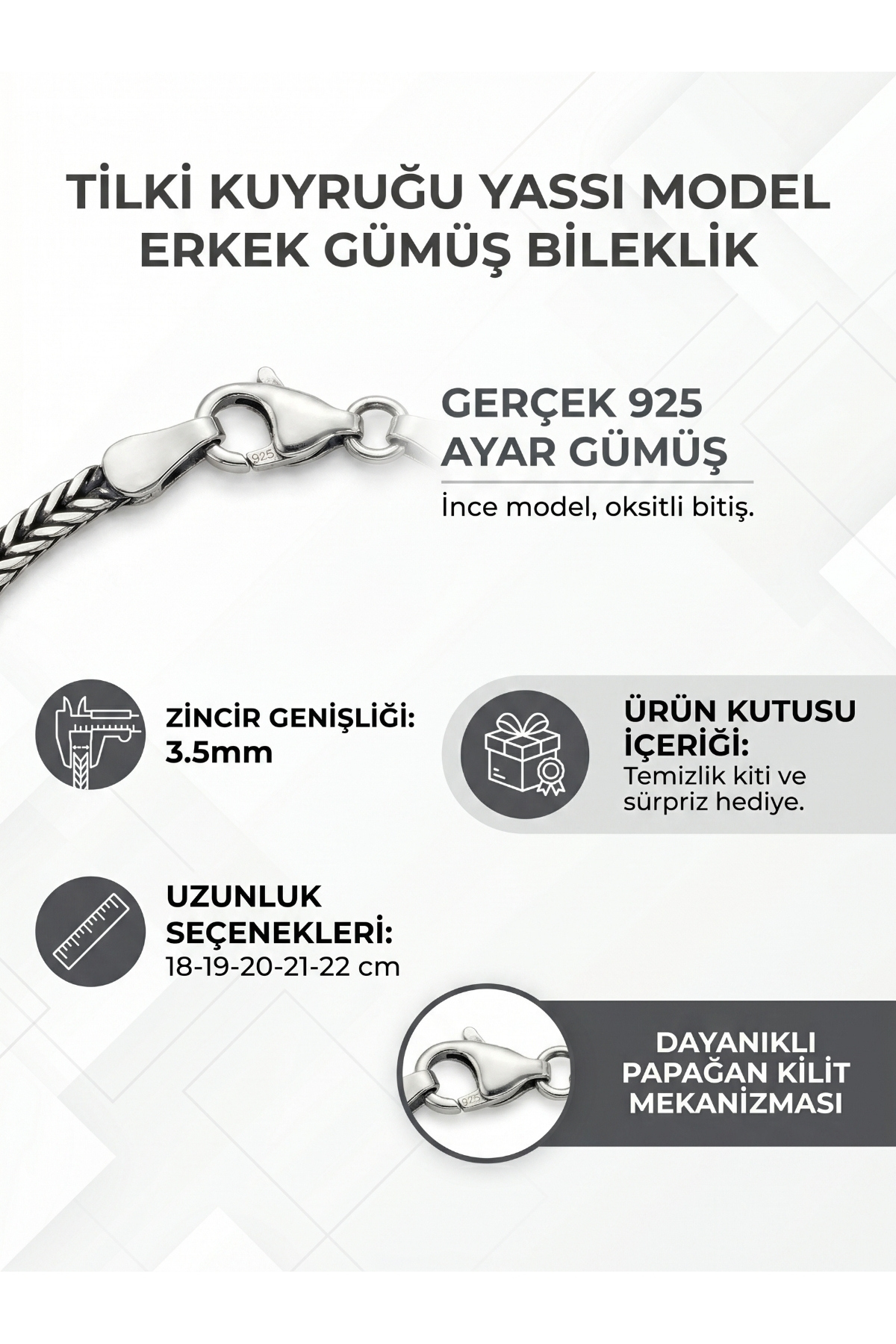 OSMANLI GÜMÜŞ Erkek Gümüş Bileklik - 3.5mm Tilki Kuyruğu Yassı Model Gümüş Bileklik görsel 2