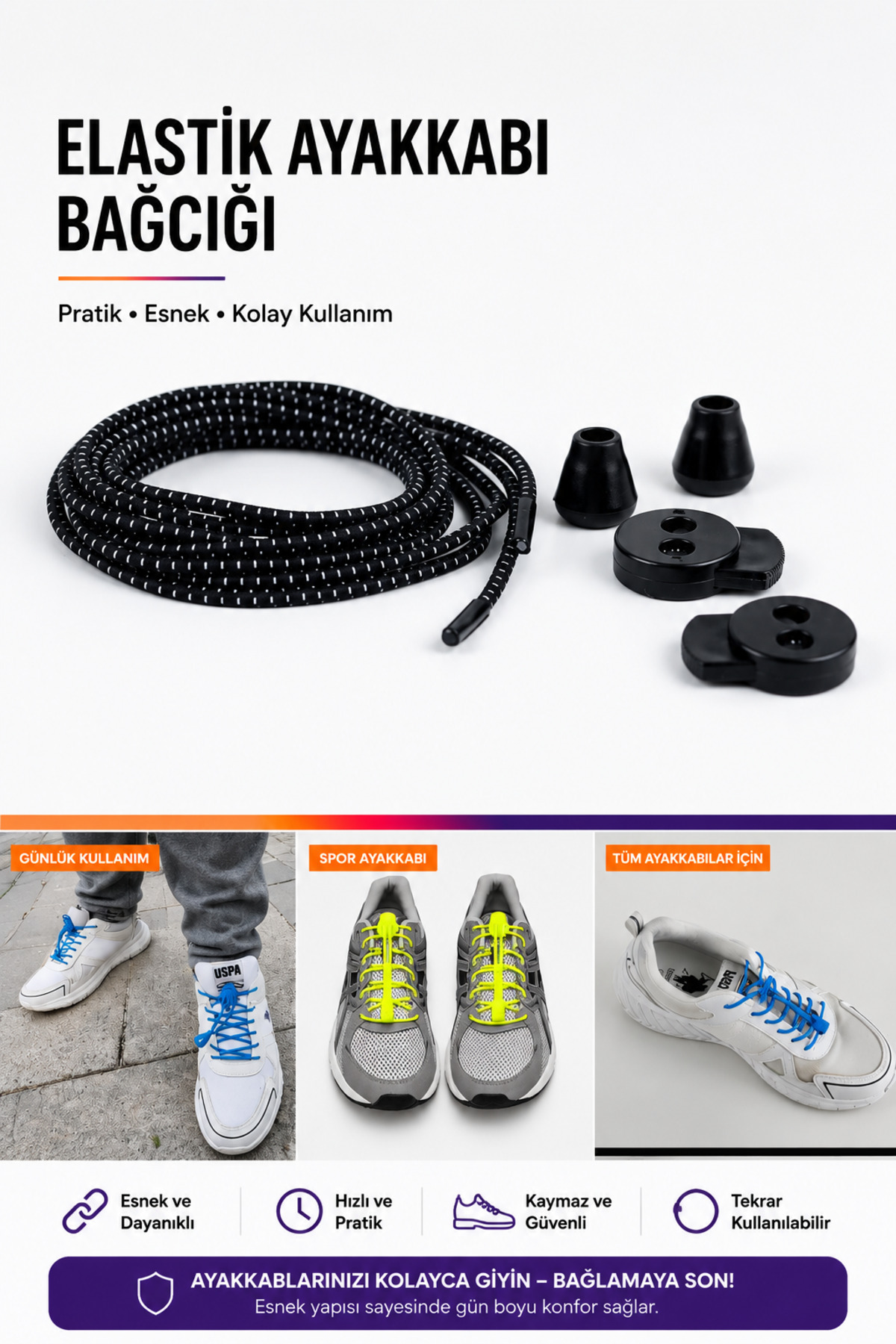 Smart Shoelace, Practical Elastic Shoelace 100 Cm ( Black Striped )
