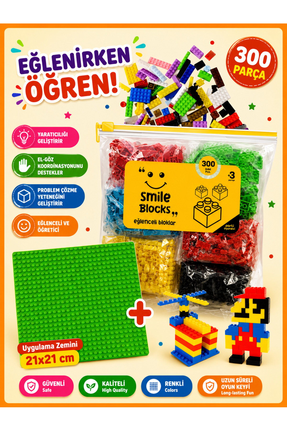p parti oyunevi Smile Blocks Yeşil Zeminli 300 Parça Fermuar