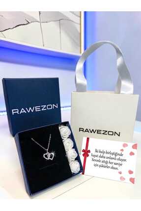 RAWEZON Nerovia Premium Taşlı Çift Kalp Çelik Kolye Seti, Beyaz Güllü Kutulu ...