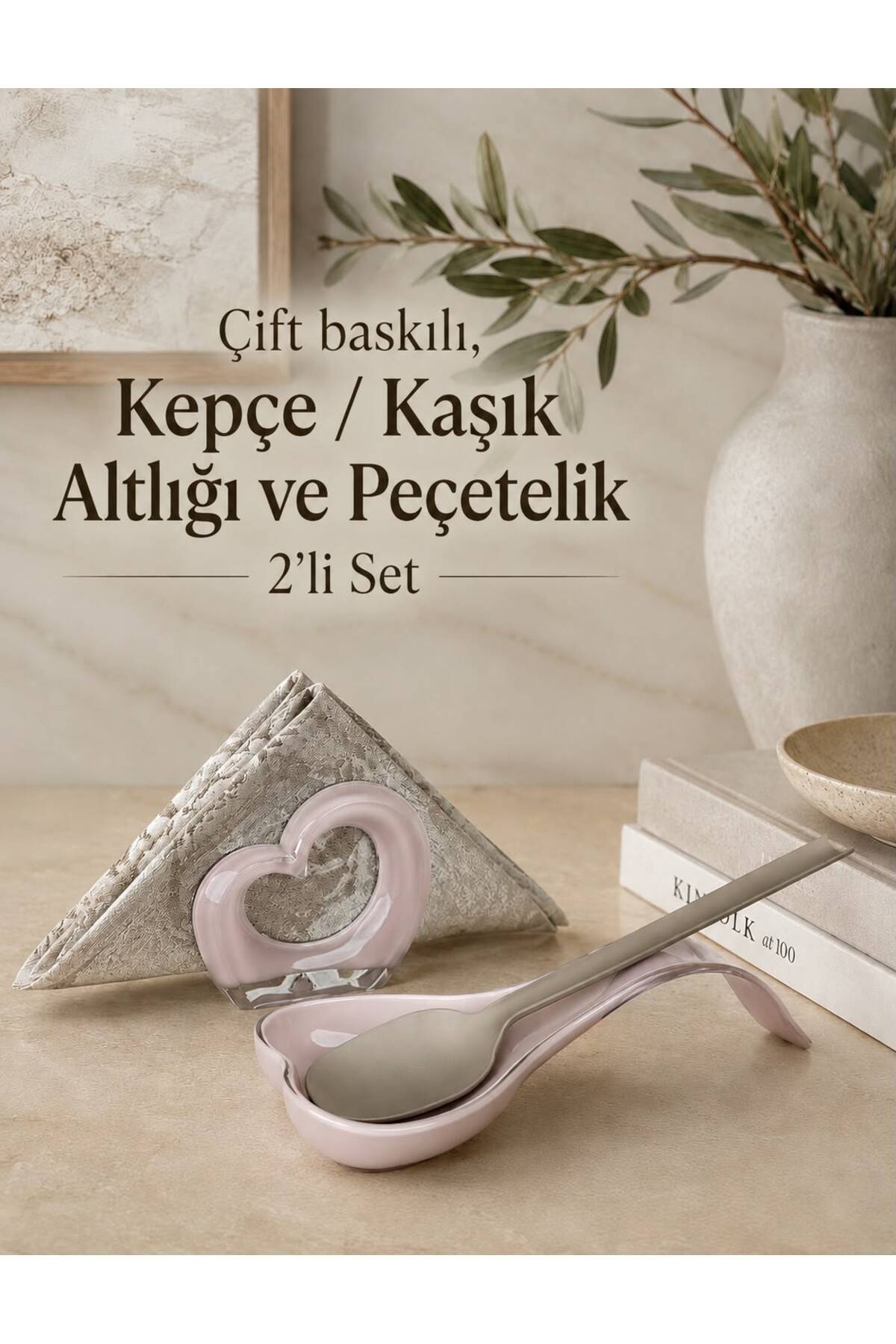 Okyanus Home Çift Baskı Kepçe Kaşık Altlığı ve Peçetelik Pembe