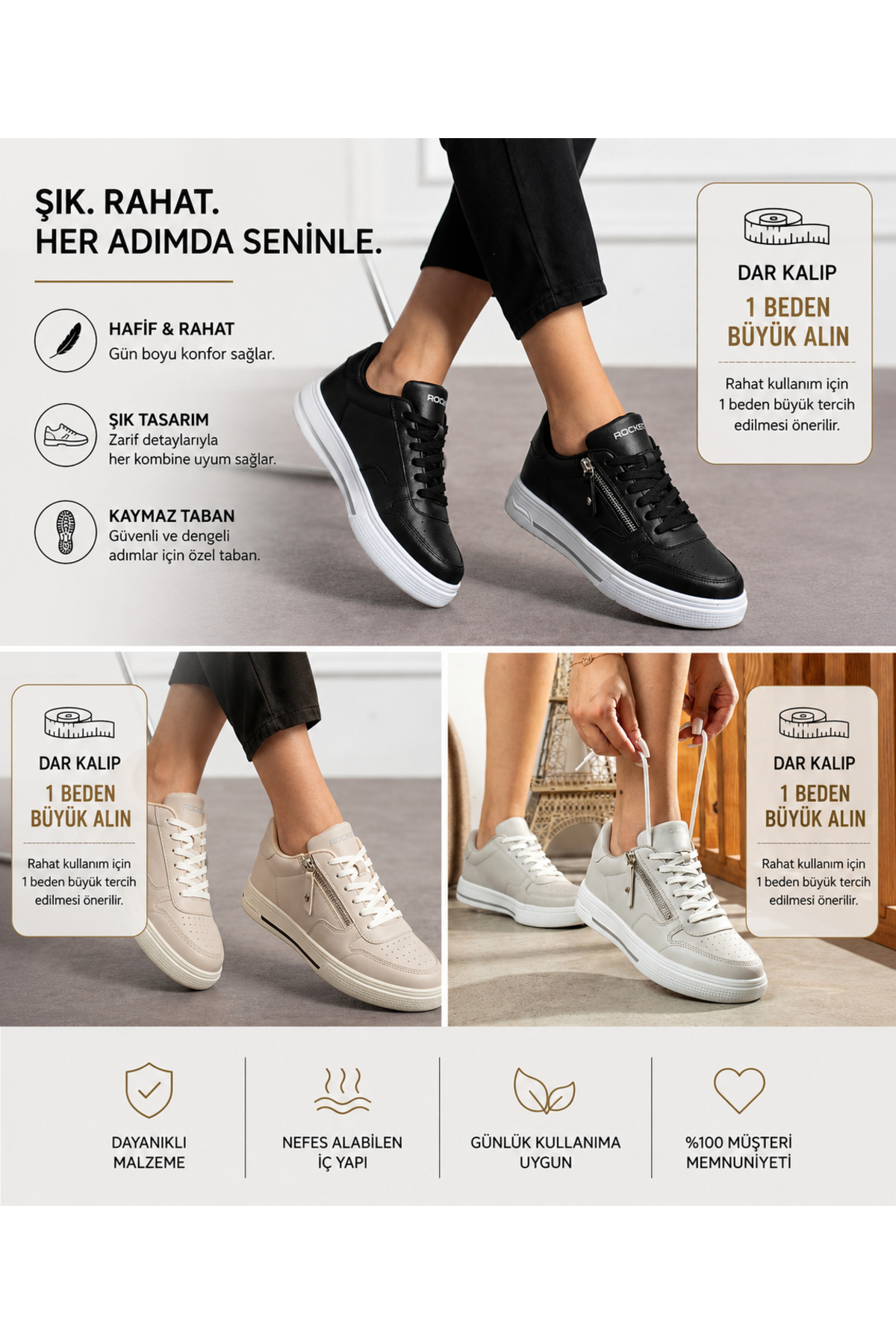 ROCKET Kadın Sneaker Günlük Hafif Taban Bağcıklı Fermuarlı Spor ayakkabı 395 Beyaz Altın görsel 2