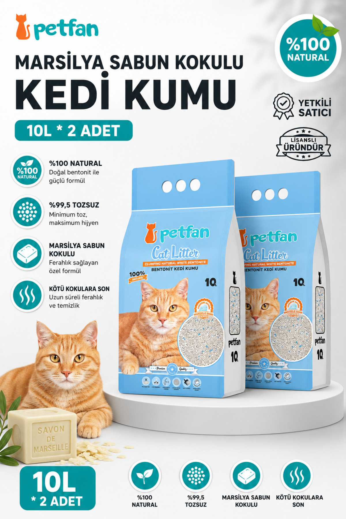 PETFAN Marsılya Sabunu Kokulu Bentonit Kedi Kumu (2*10L)
