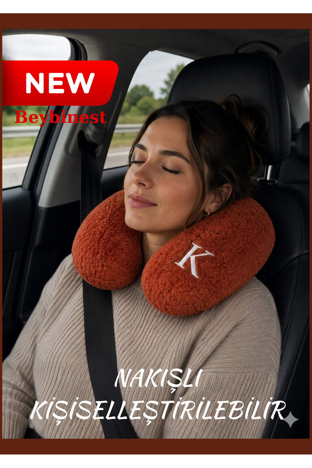 EMBROIDERED customizable Premium Welsoft Neck Pillow Travel Sleep Support Pillow with Padding Beige