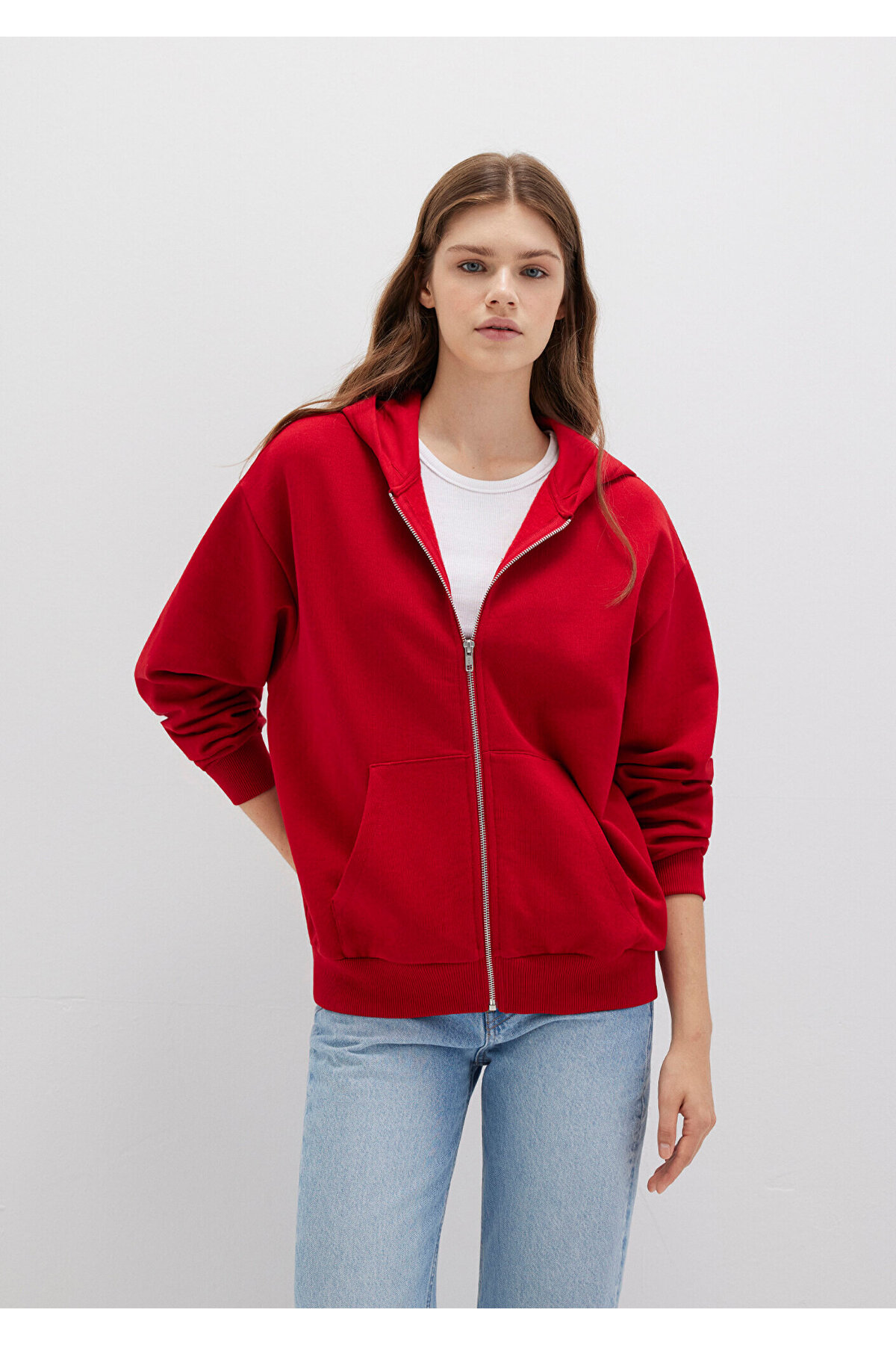 Mavi  Fermuarlı Kapüşonlu Kırmızı Basic Sweatshirt 1611775-82054 - Görsel 3
