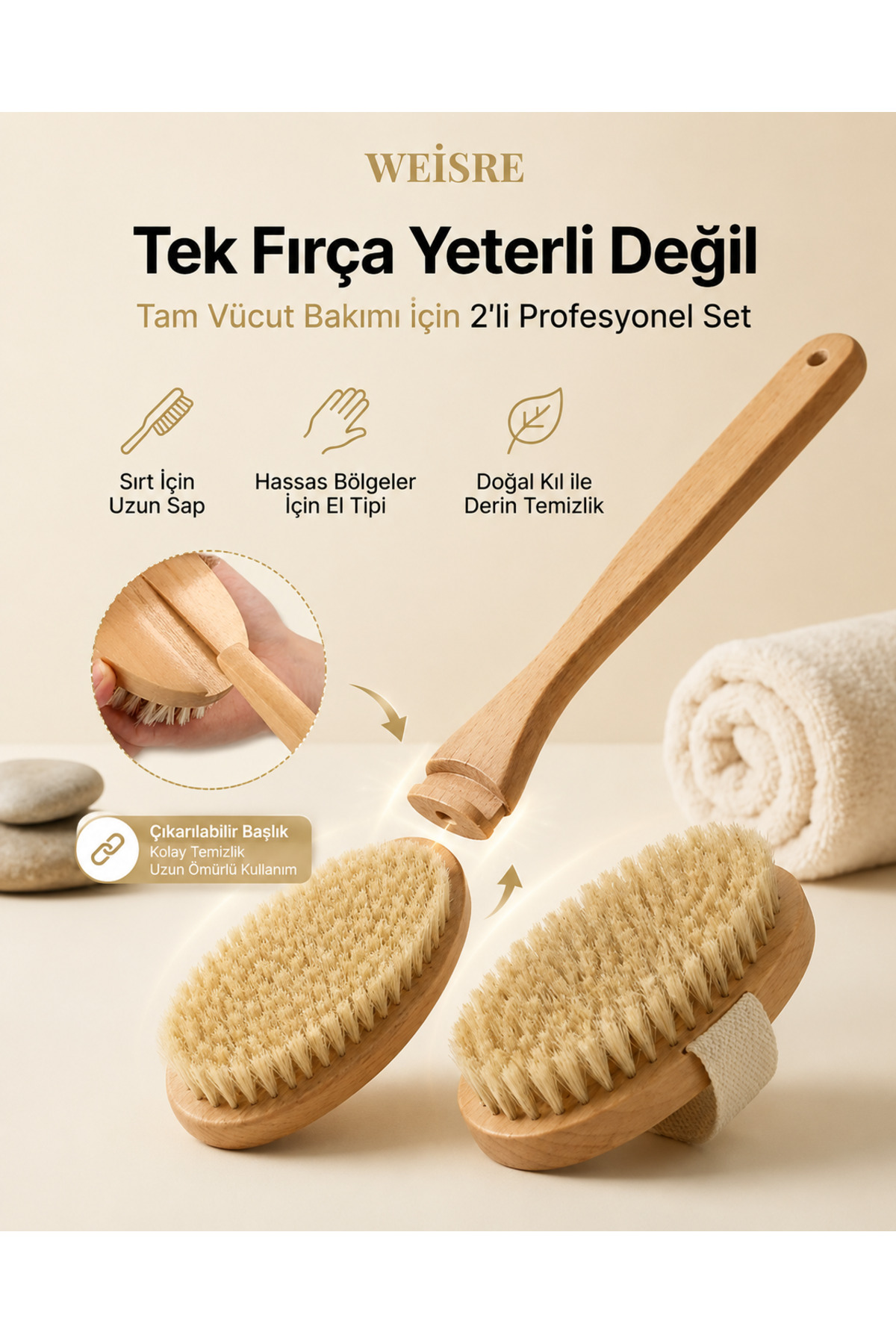 Weisre Doğal Kıl Vücut Fırçası Seti Uzun Saplı ve El Tipi Kuru Fırçalama Selülit Masaj Ahşap At Kılı — MJGN73SWSR