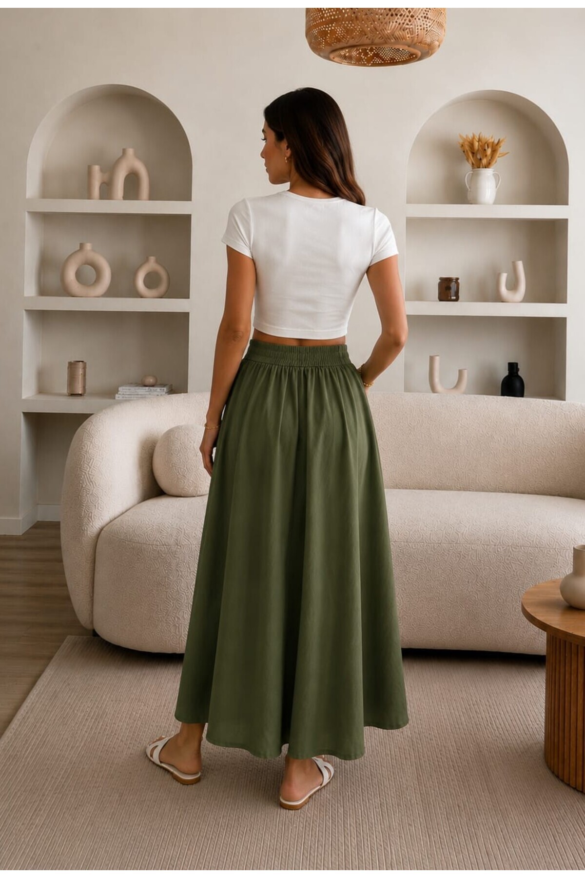 Gülmude Çift Cepli Poplin Kumaş Beli Lastikli İç Göstermez Maxi Etek (90 CM) görsel 5