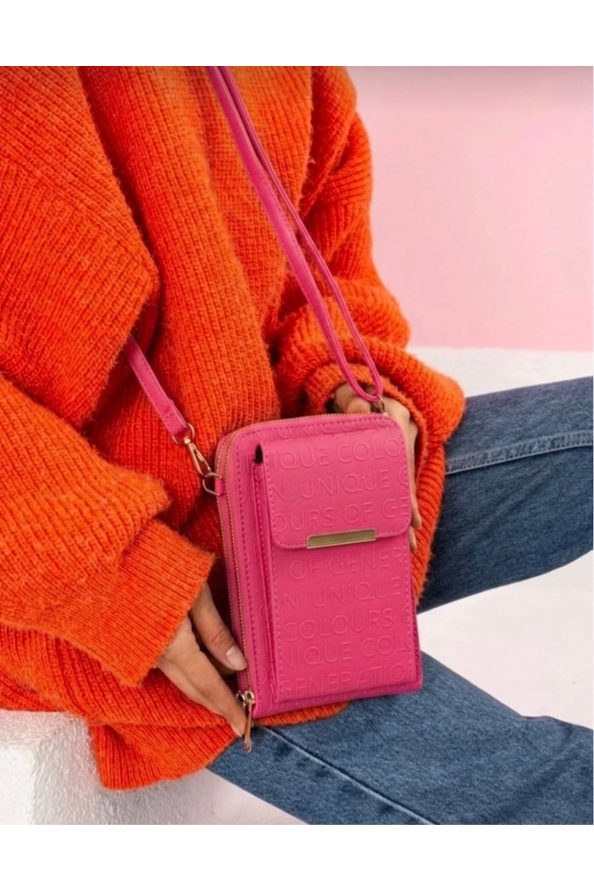 Pink Women Crossbody Hanging Phone 3 Compartment Wallet Bag