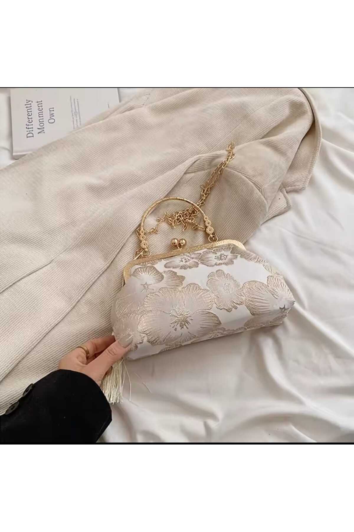 Z1 Home Zarif Rastgele İşlemeli Çiçek Desenli Omuz Çantası, Büyük Kapasiteli Günlük Estetik Moda Zincir Askılı Çapraz Çanta, Akşam Çantası görsel 7