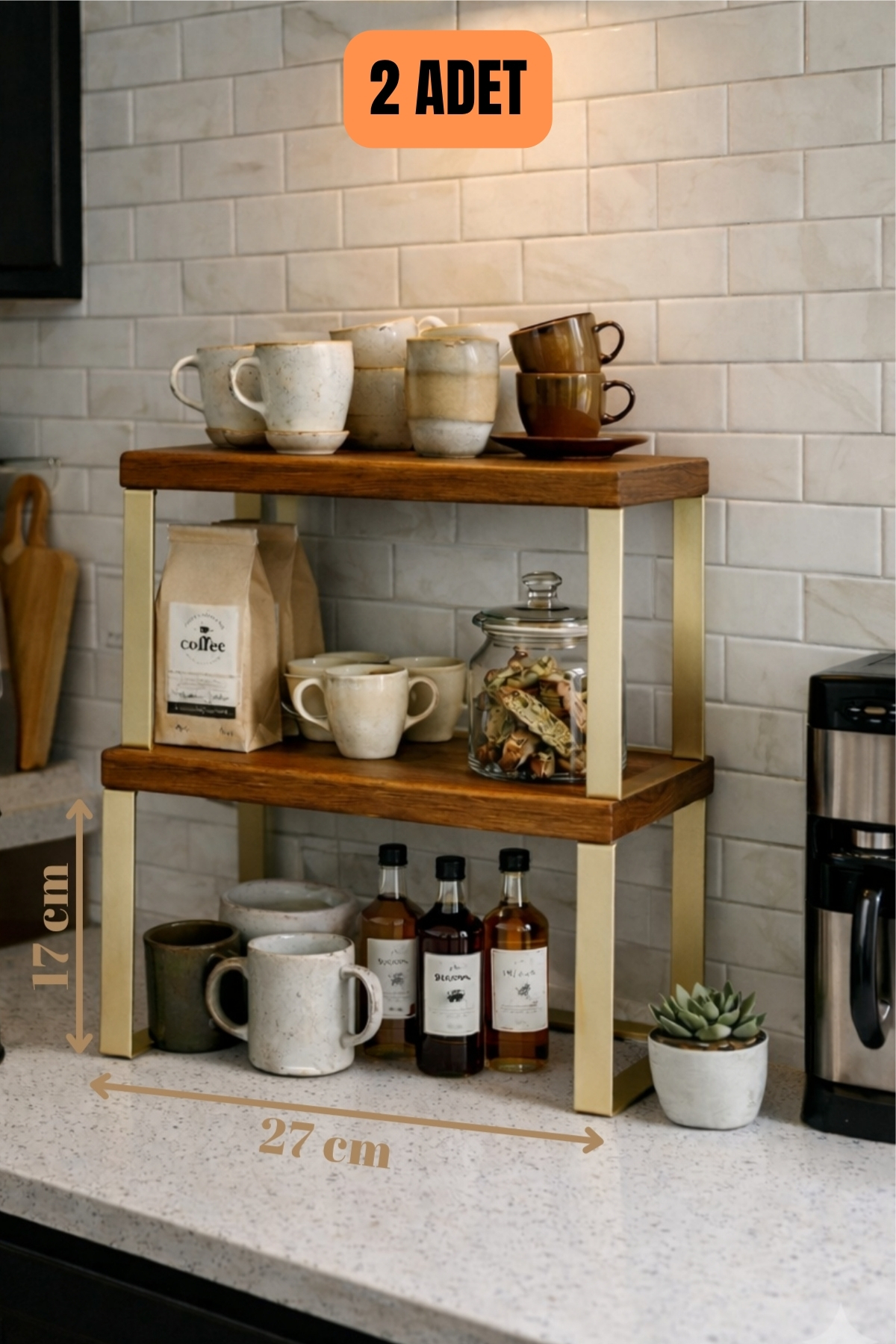 2 Pieces Wood Cabinet Organizer Shelf, Metal Standing Cup Shelf, Countertop Organizer