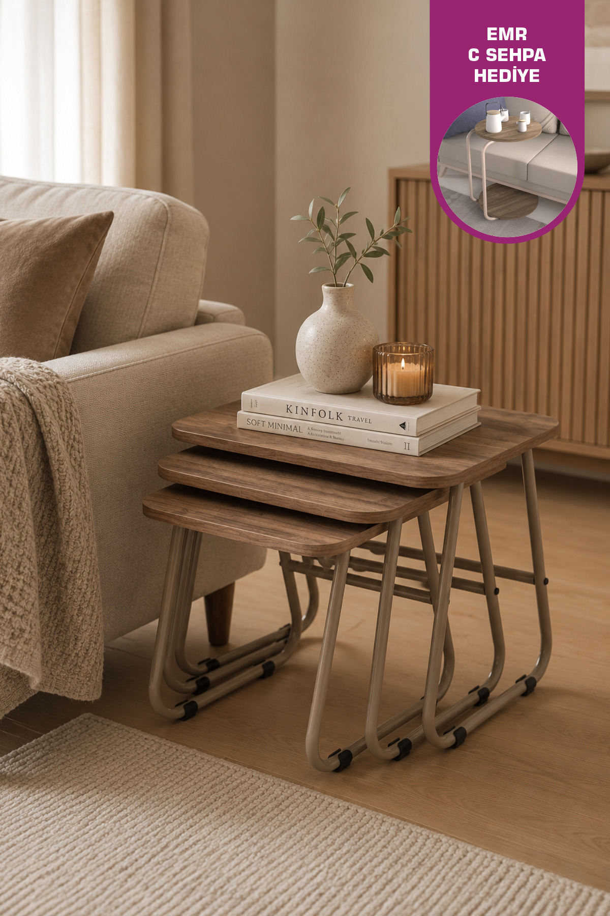 Zigana Multipurpose Mink Metal 3-Piece Chestnut MDF Zigon Coffee Table
