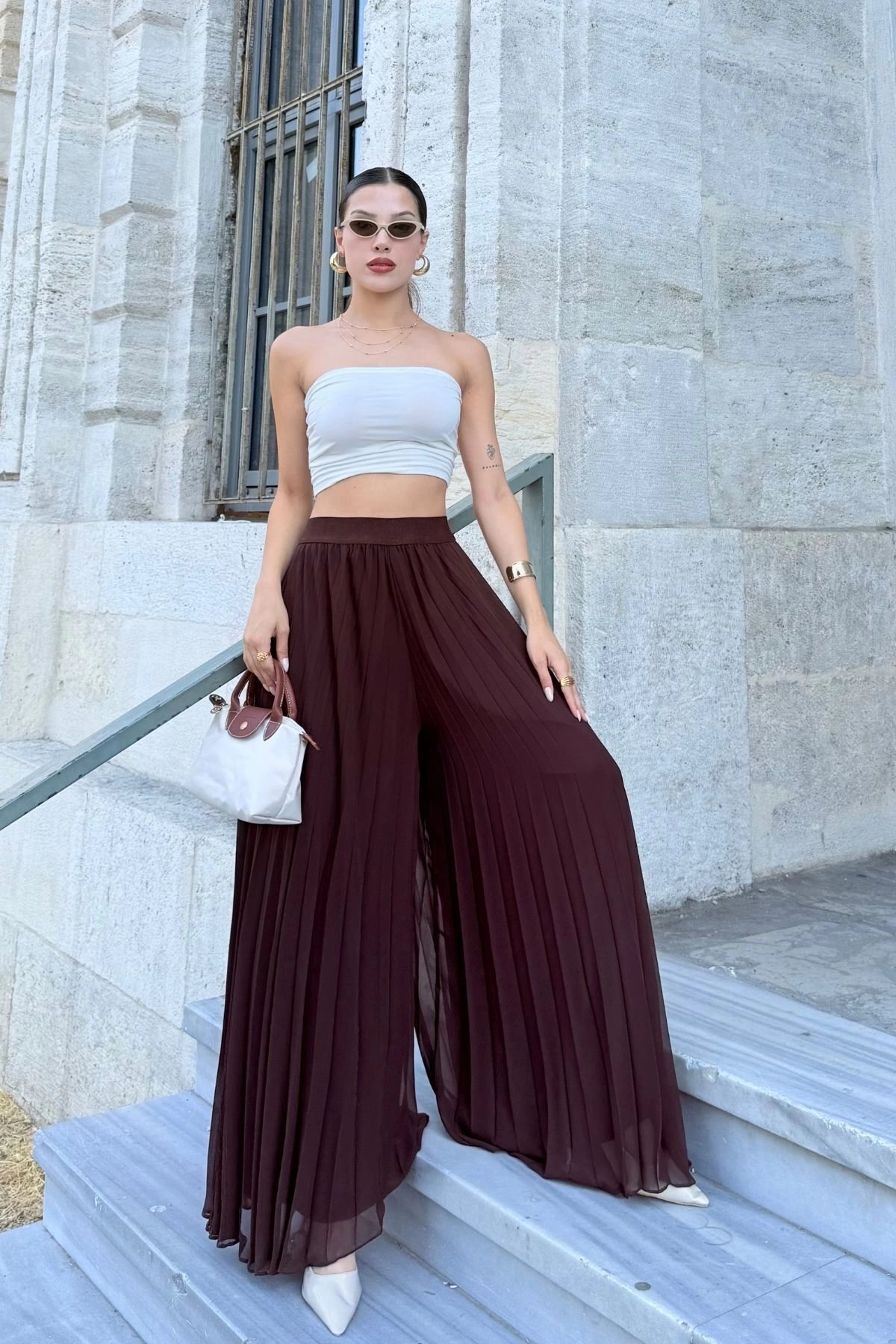 lodmela Beli Lastikli Pliseli Şifon Pantolon 6030-Kahverengi