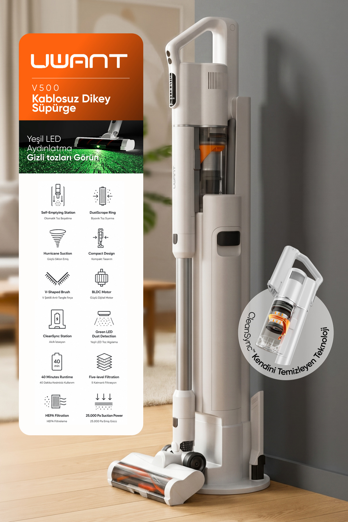 V500 Self-Cleaning BLDC with 25,000Pa Suction Power, Rechargeable, Stand Vertical Vacuum Cleaner White