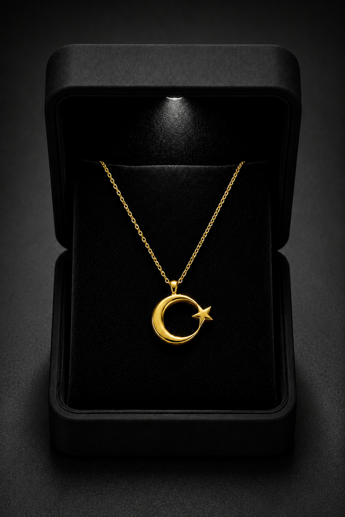 ÇEKİRDEK JEWELRY Işıklı Hediye Kutulu 925 Ayar Gümüş Ay Yıldız Kolye, Gold Kaplama Parlak Şık Tasarım görsel 2