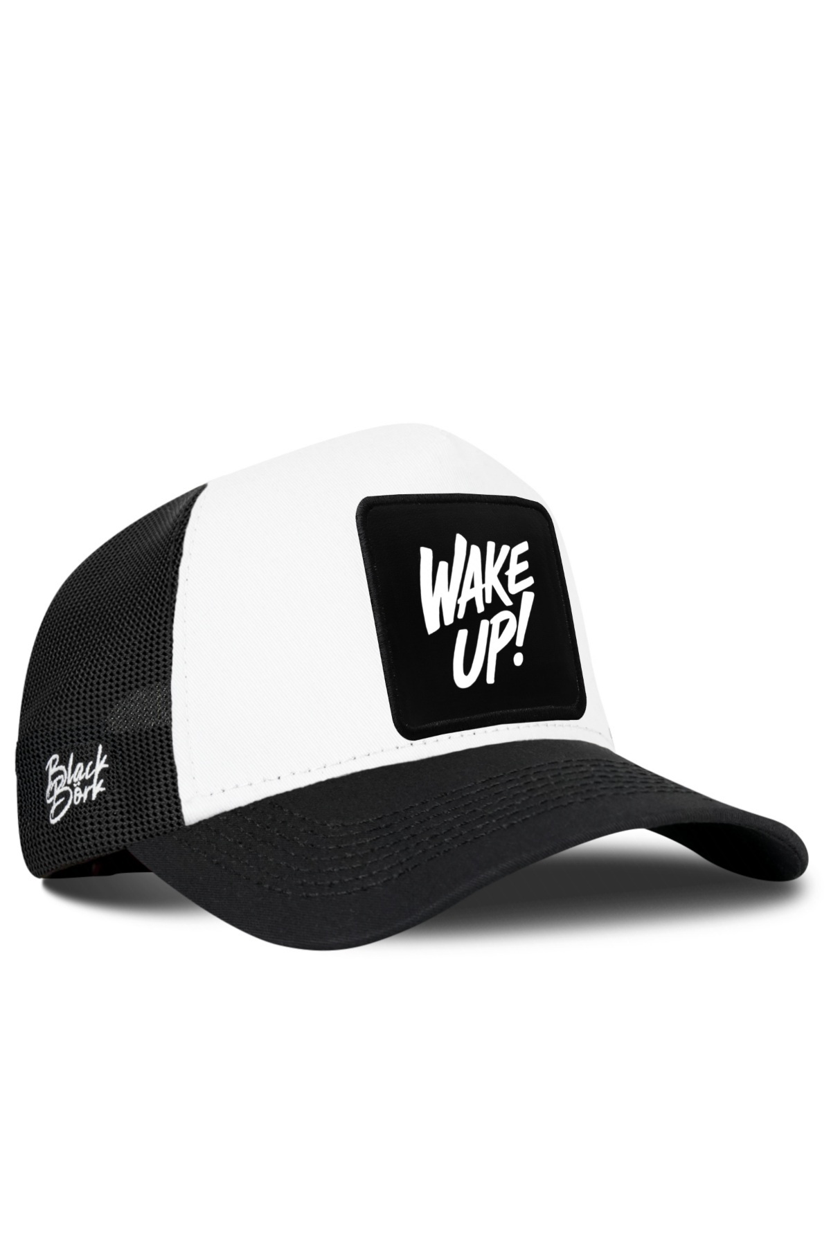 Black and White Trucker Hat with Wake Up Logo