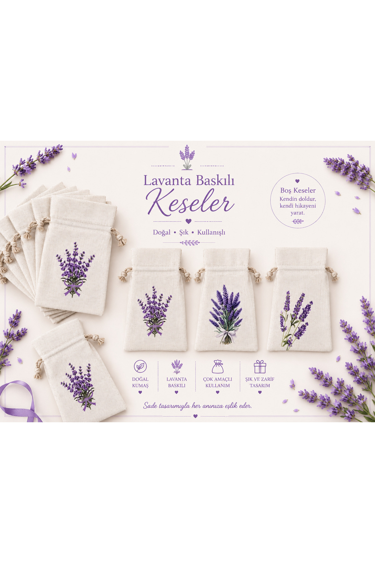 Lavanta Desenli Doğal Keten Kese - Boş Lavanta Ve Hediye Kesesi 5'li