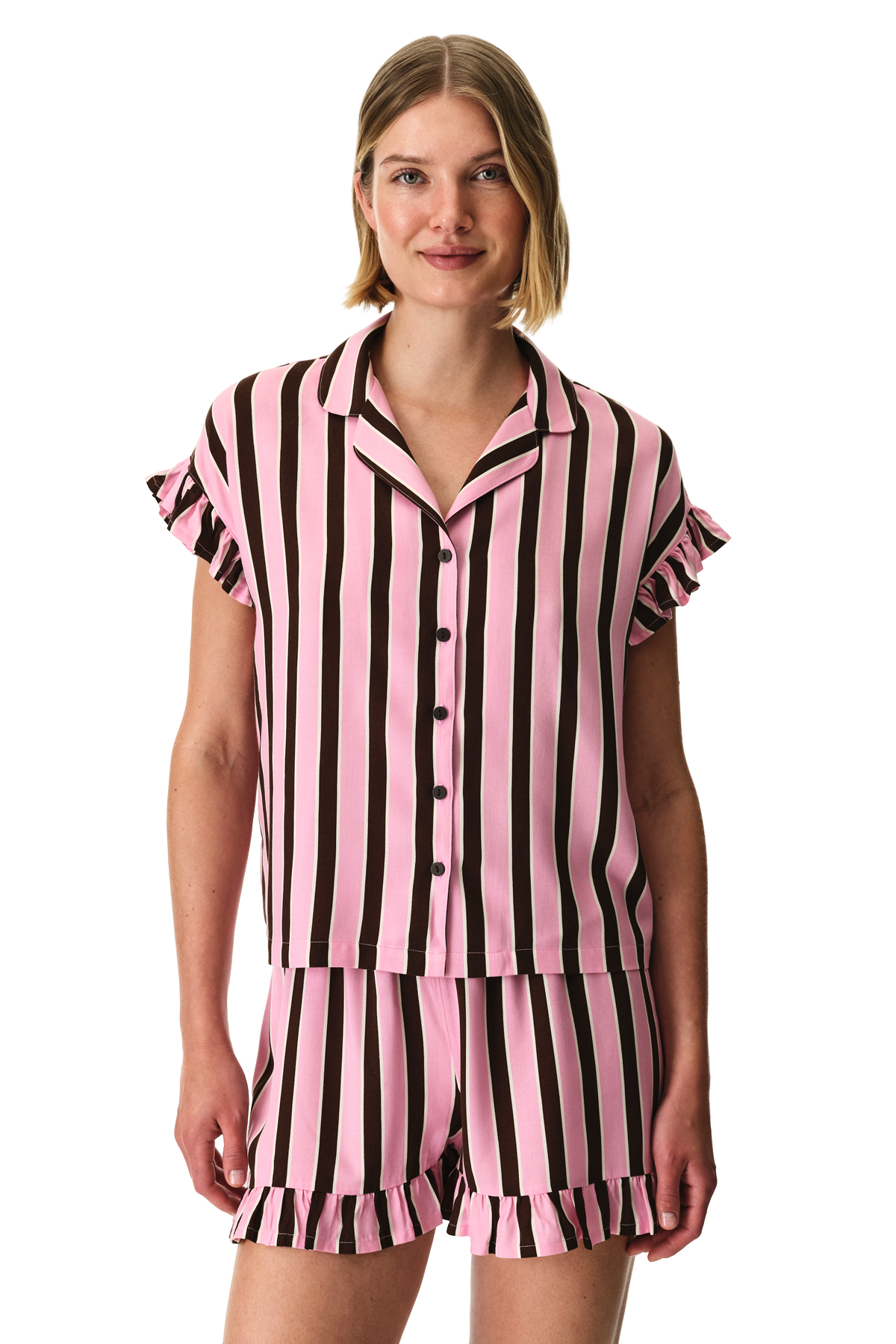 Brown Lily Striped Short Sleeve Shirt Shorts Pajamas Set
