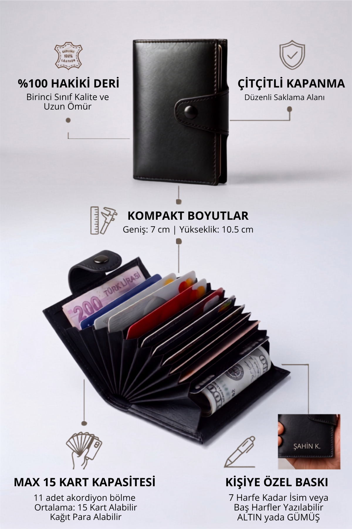 VANİLLA COLLECTİON İsim Baskılı Hakiki Deri Çıtçıtlı Akordiyon Kartlık & Cüzdan & Portföy Siyah