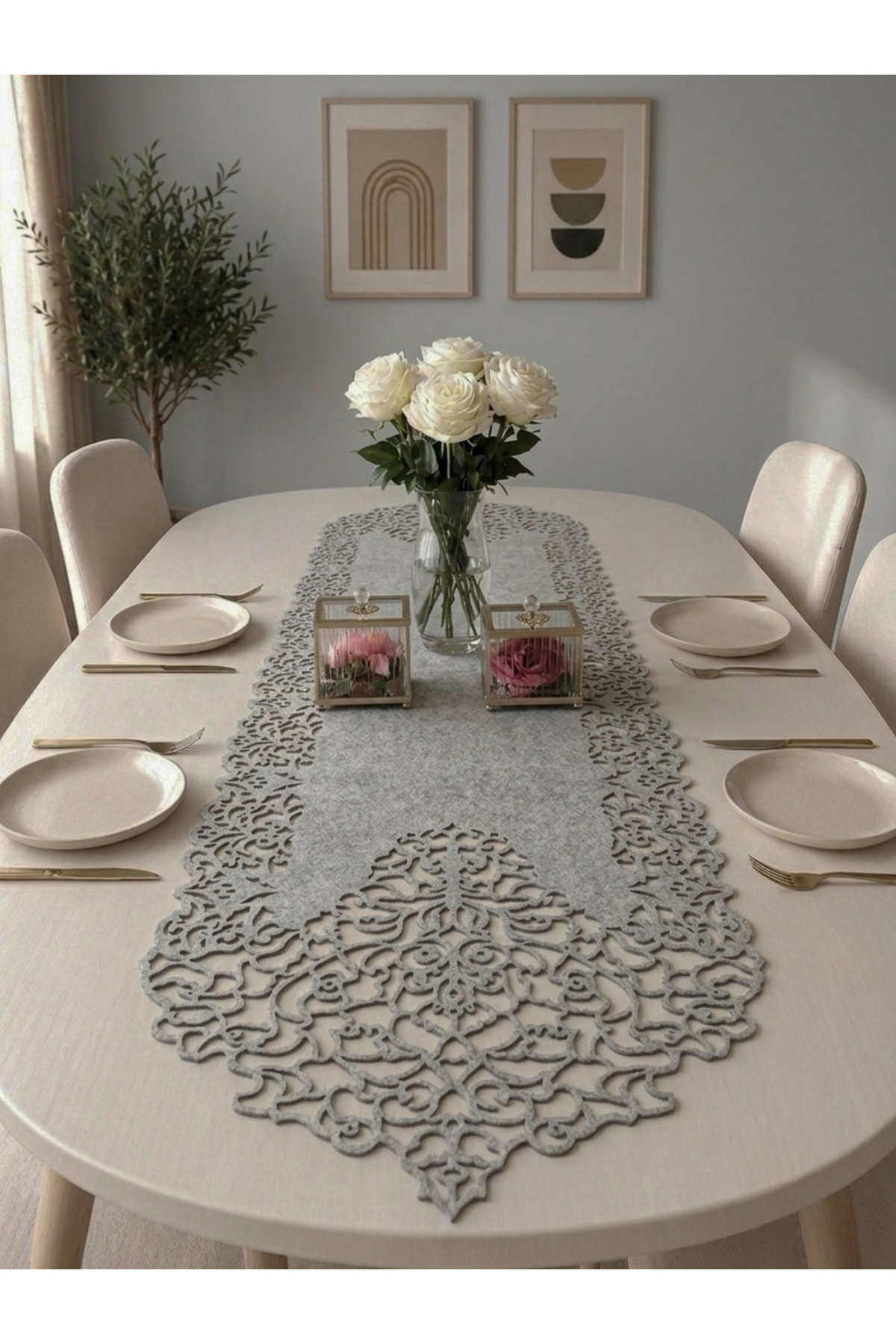 Stone Color Suede Fabric Slim Cut Runner Table Length 40x140cm