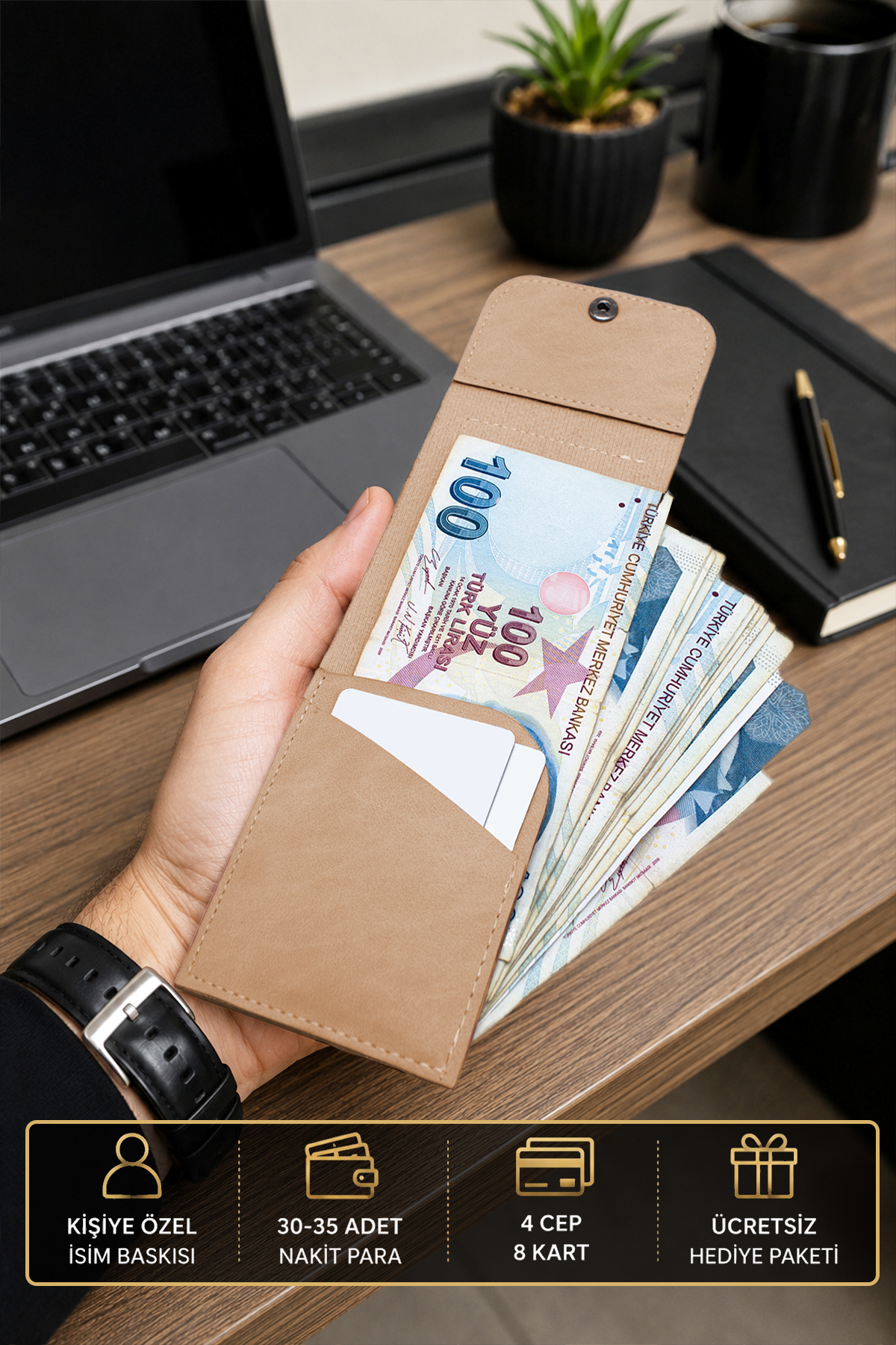 Morika Hotel & Home Textile Kişiselleştirilebilir Özel Tasarım Süet Suni Deri Erkek/Kadın Unisex Cüzdan - Kum Beji görsel 2