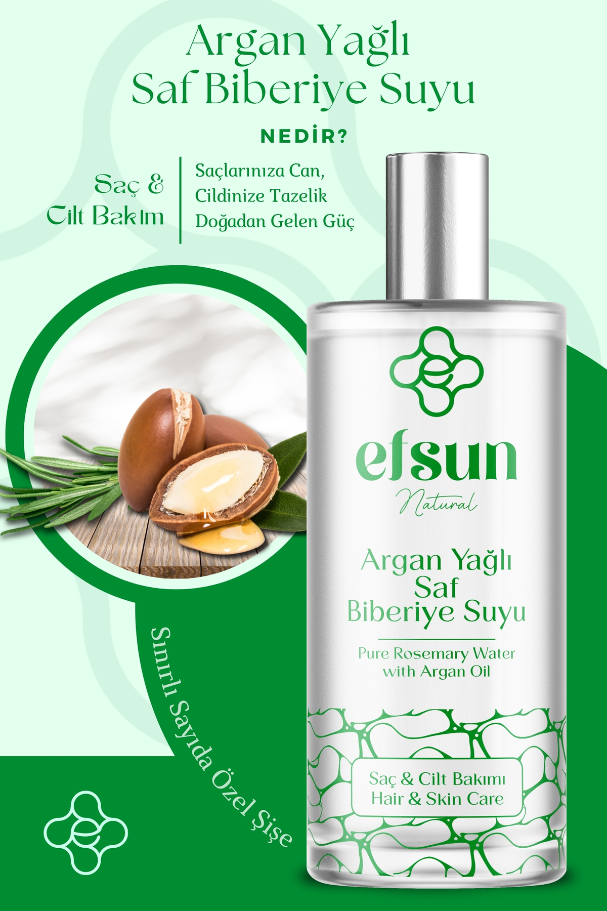 Biberiye Suyu & Argan Yağı - Dökülme Karşıtı Hızlı Uzama Etkili %100 Doğal Güçlendirici Saç Toniği 100 ml — ArganBiberiyeTonik — تصویر 2 از 6
