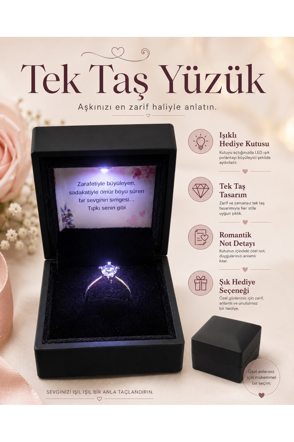 Sepetten Eve Işıklı Kutuda pırlanta tektaş yüzük Sevgiliye hediye evlenme teklifi yüzüğü Özel Notlu görsel 4