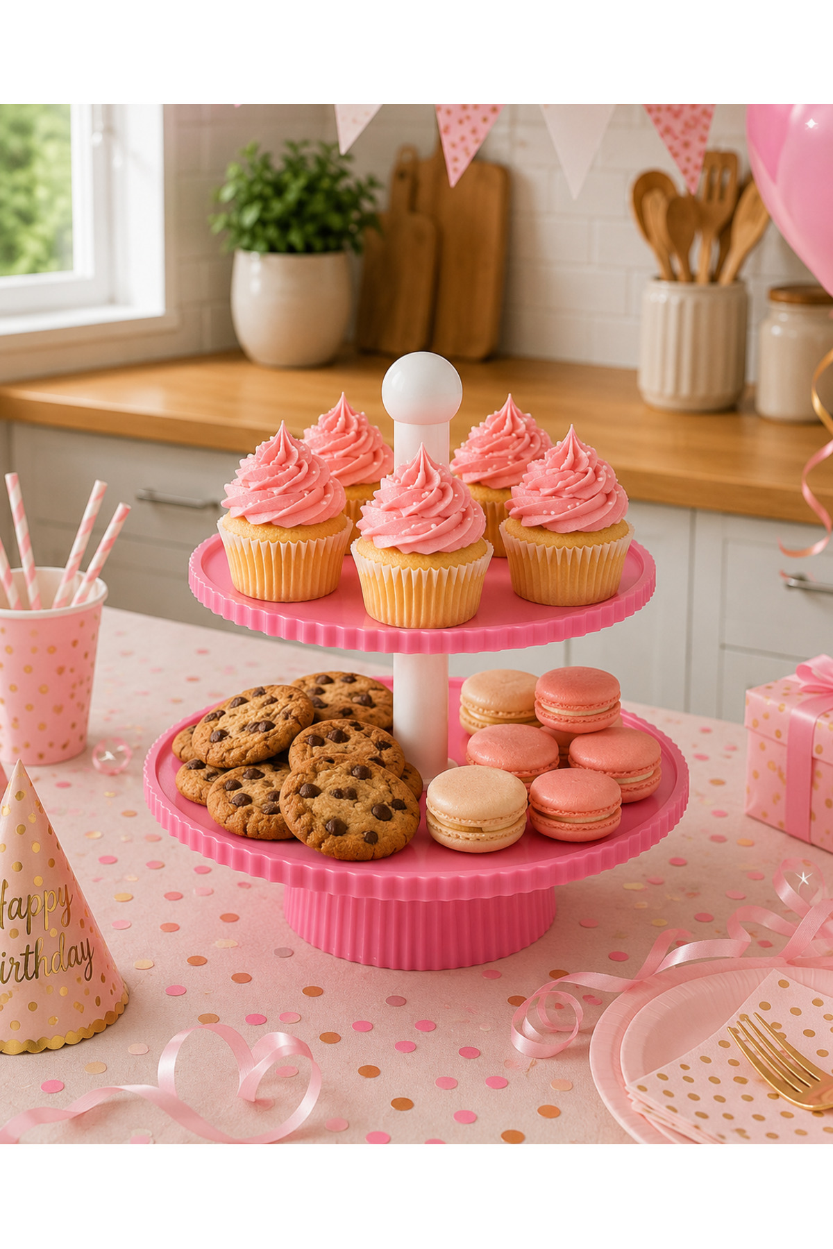 Mazaka Studio 2 Katlı Pembe Sunum Standı – Kurabiyelik, Cupcake ve