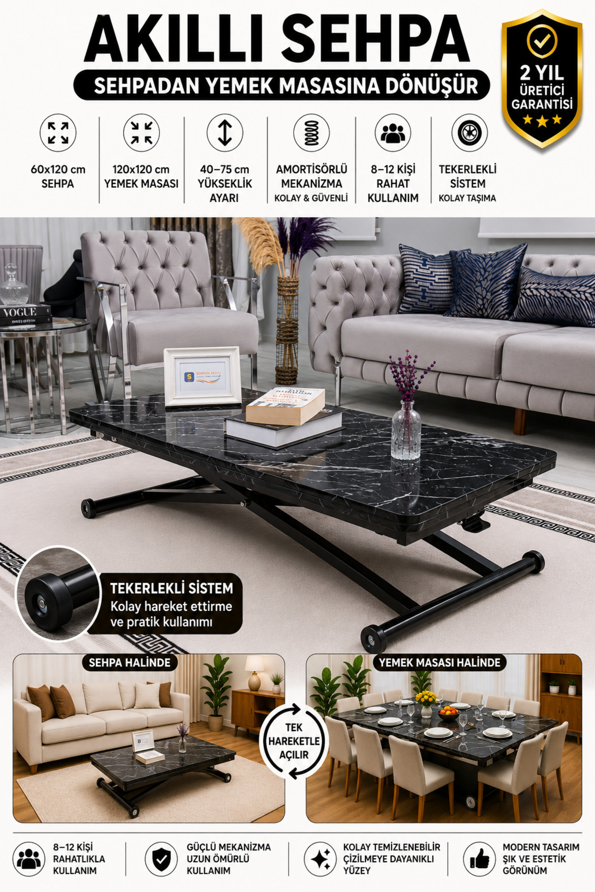 Akıllı Sehpa Home Üst Tabla Mdf Siyah Mermer Oval Köşe Alt Mekanizma Siyah Renk