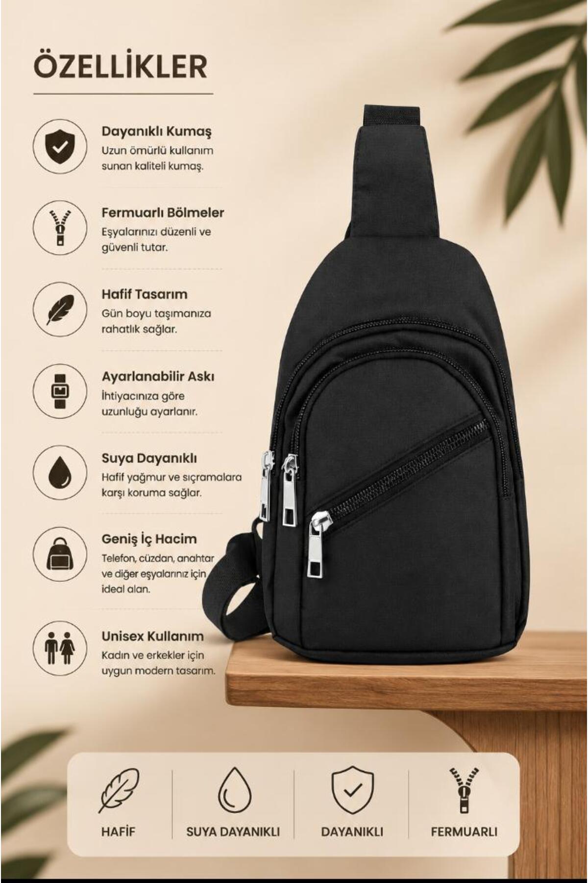 Sofia Erkek 3 Fermuarli Askılı Crossbag body Siyah El ve Bel Çantası görsel 3