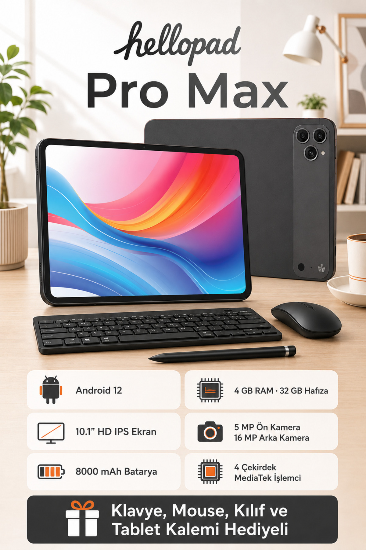 SEYUTECH Hellopad Pro Max 4 GB/32 GB 10.1" 1280*800 HD Ekran 8000mAh Tablet Klavye Mouse Kılıf Kalem Hediyeli