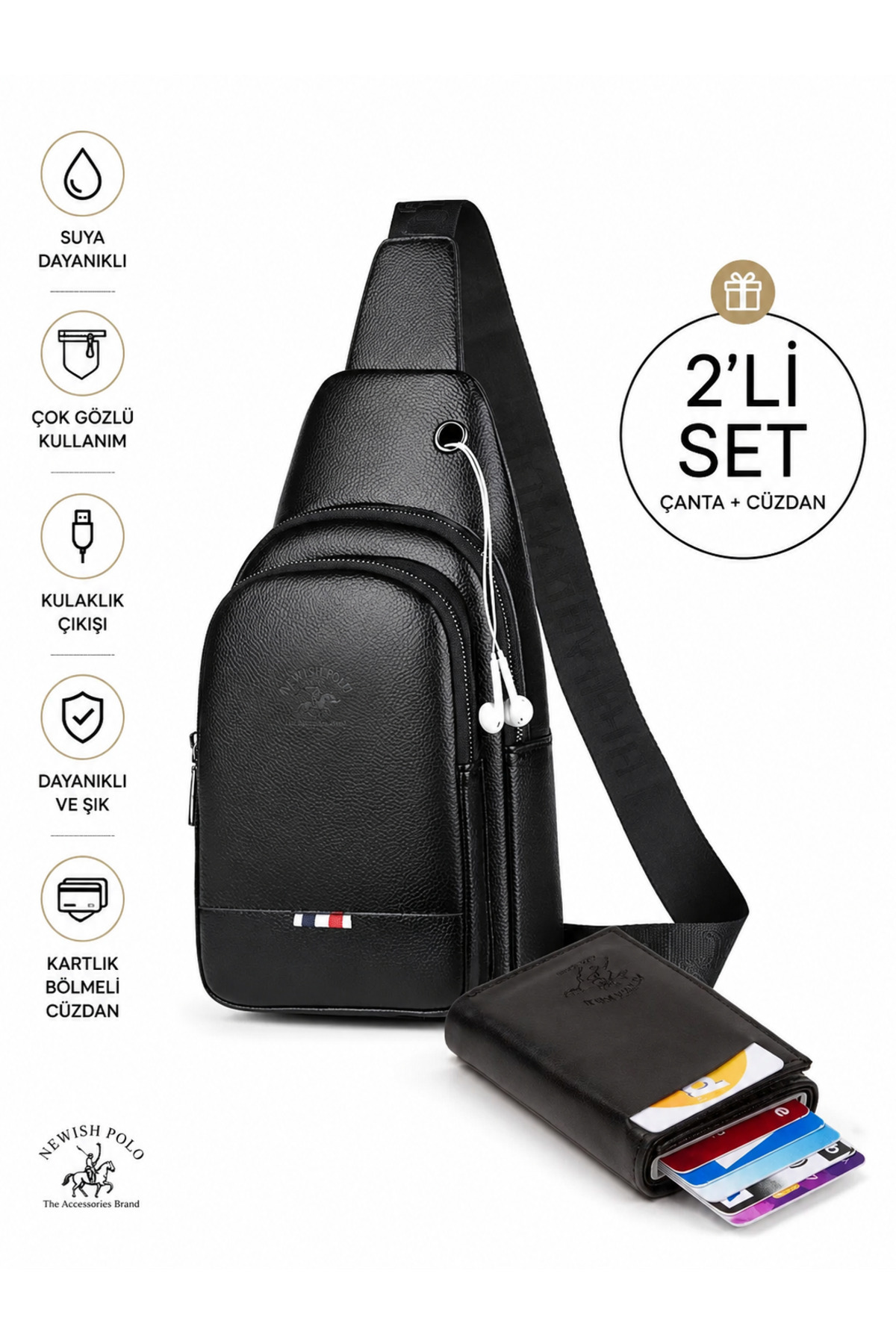NEWISH POLO ACCESSORIES Vegan Deri Siyah Kulaklık Bel Ve Çapraz Omuz Çantası Otomatik Mekanizmalı Akıllı Kredi Kartlık