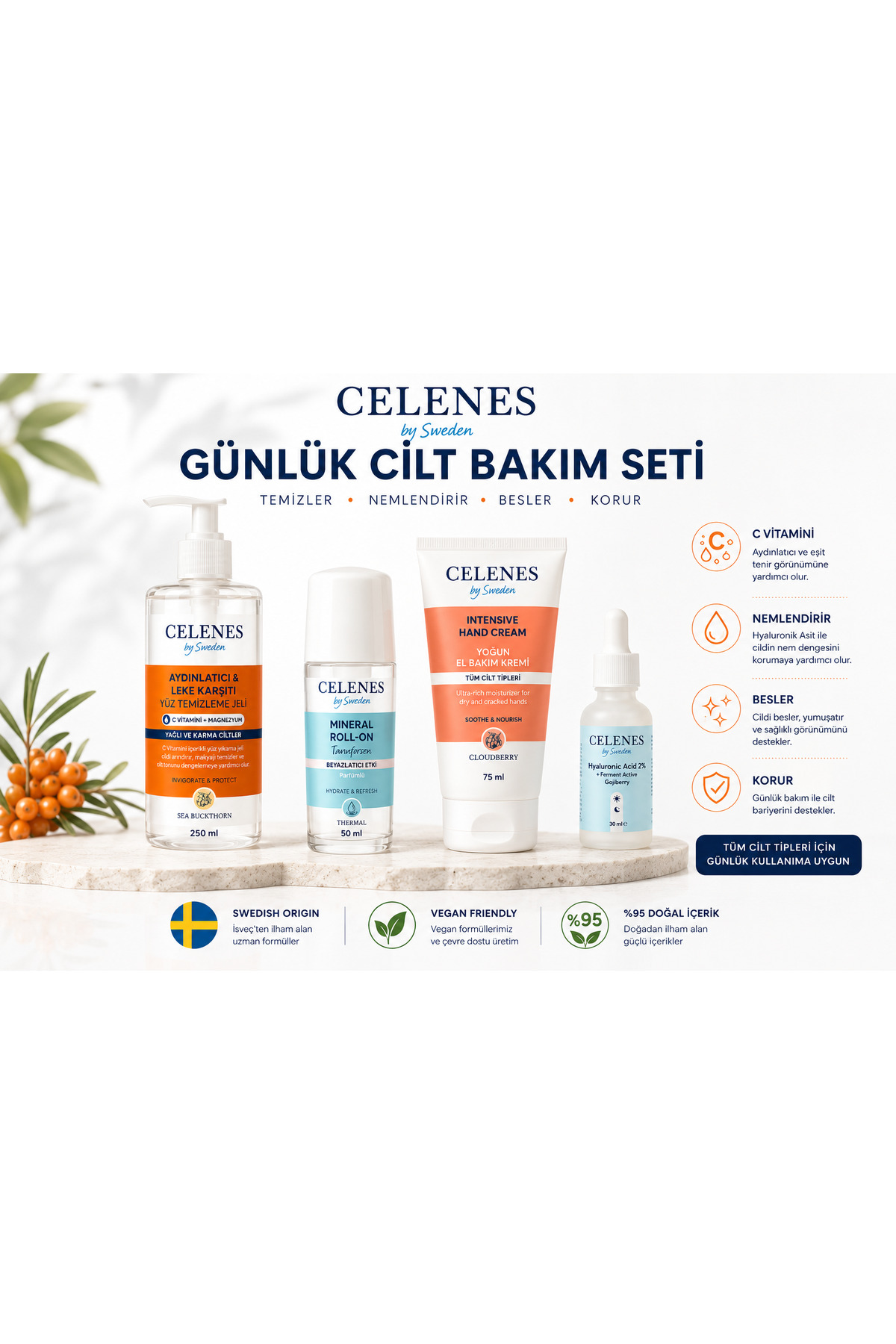 Günlük Cilt Bakım Seti | Yüz Temizleme Jeli + Hyalüronik Asit Serum + Mineral Roll-On + El Bakım Kremi — CELENES0001