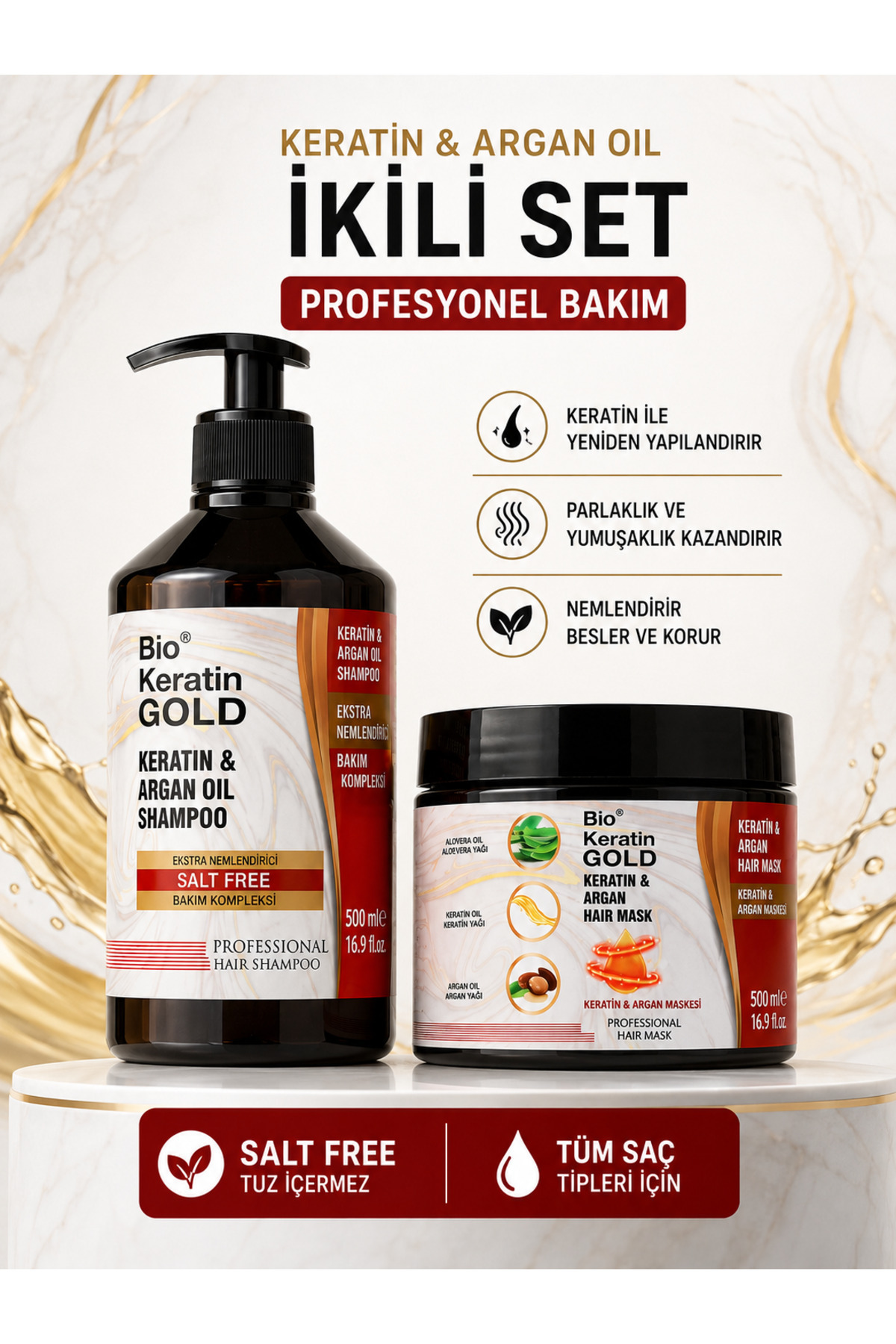 Argan&keratin Tuzsuz Şampuan 500 Ml + Argan&keratin Saç Bakım Maskesi 500 Ml — A506 — تصویر 2 از 6