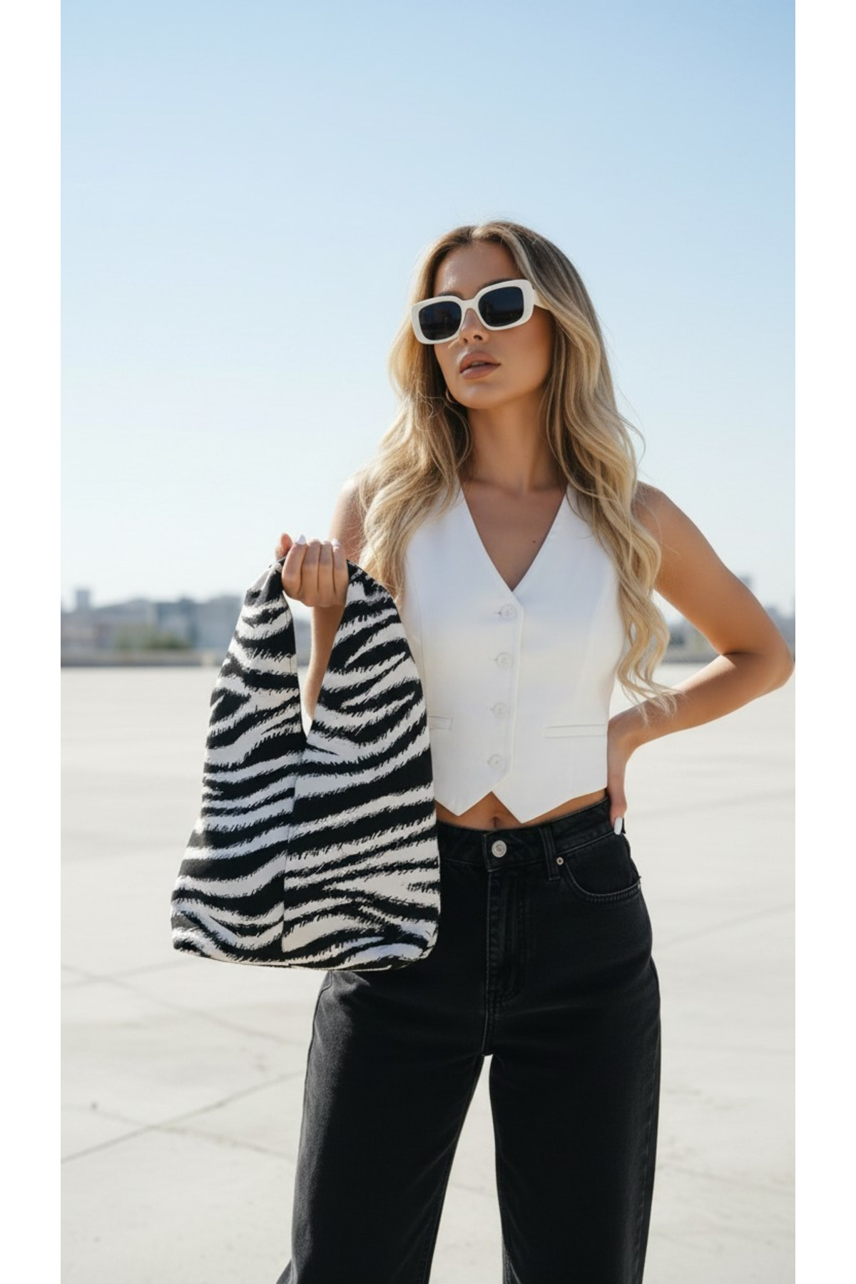 maia Siyah Beyaz Zebra Desenli Küçük Boy Hobo Model El Çantası görsel 7