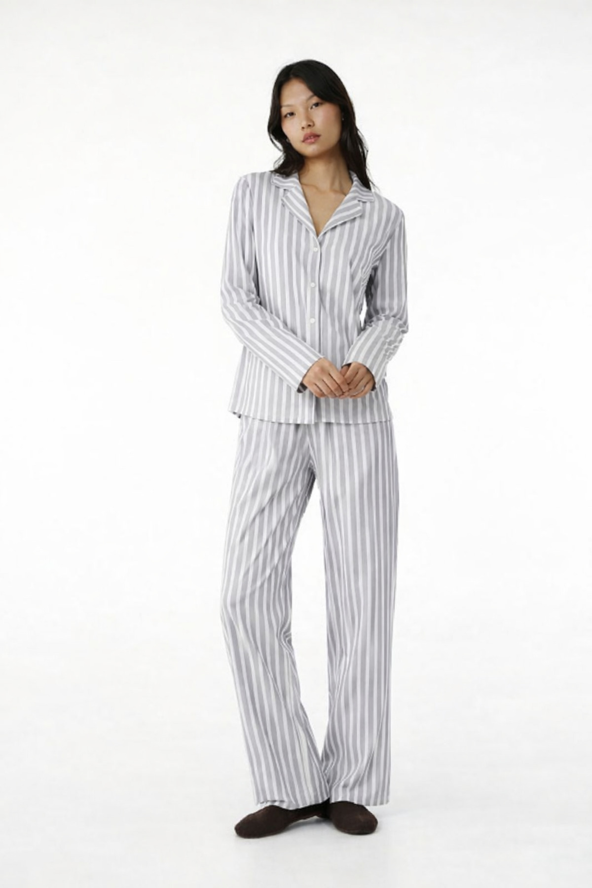 HAKKE Kadın Uzun Kollu Çizgili Pijama TAKIM görsel 2