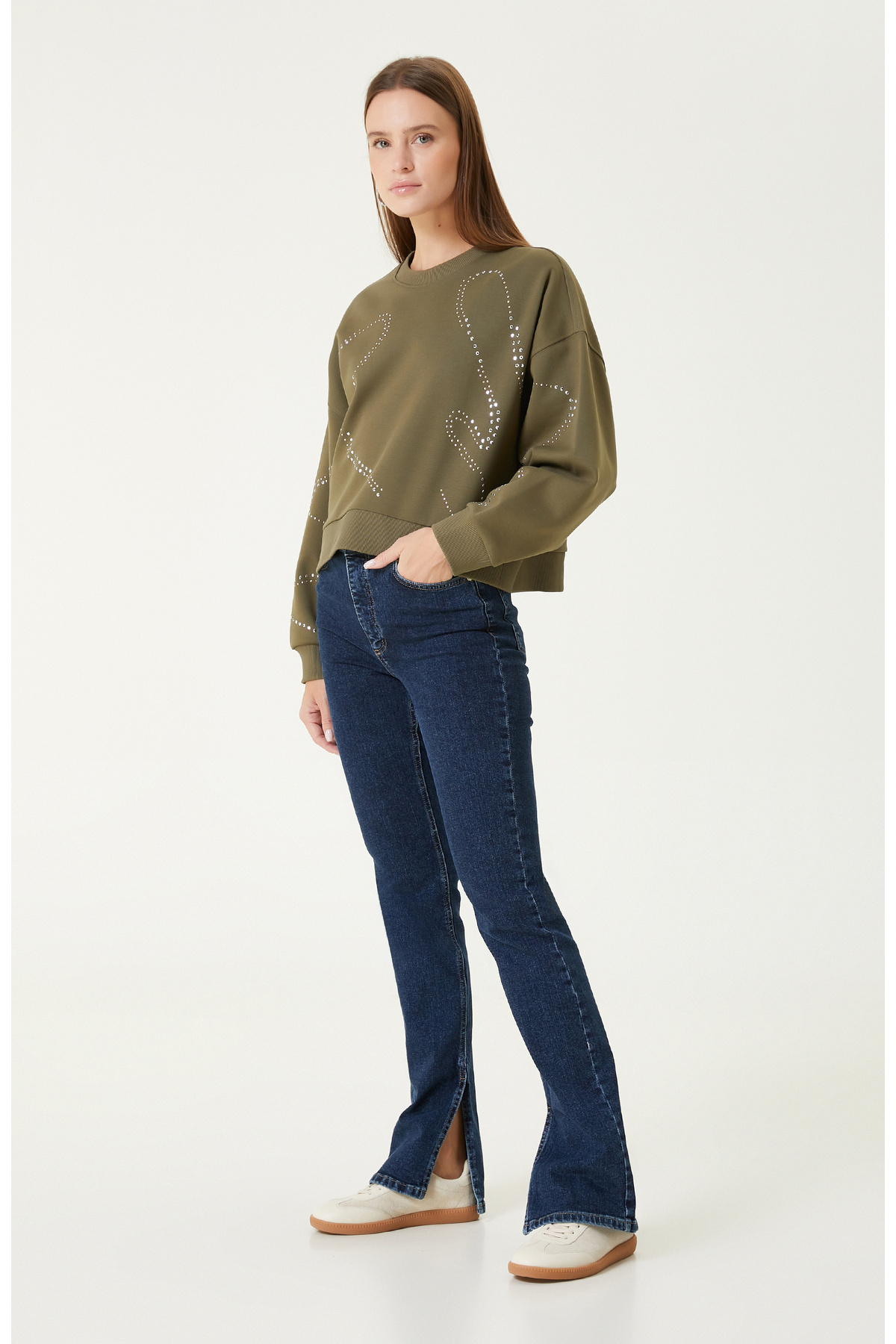 Network Haki Taş Baskılı SweaTshirt görsel 3