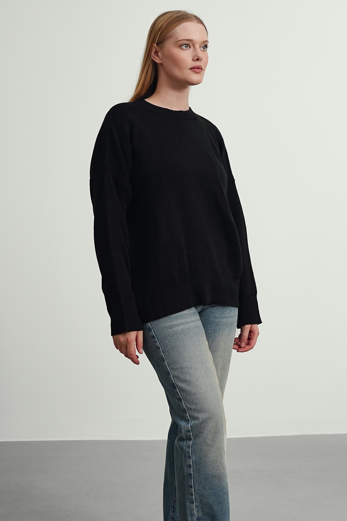 Gülce moda Siyah Bisiklet Yaka Oversize Triko Kazak görsel 4