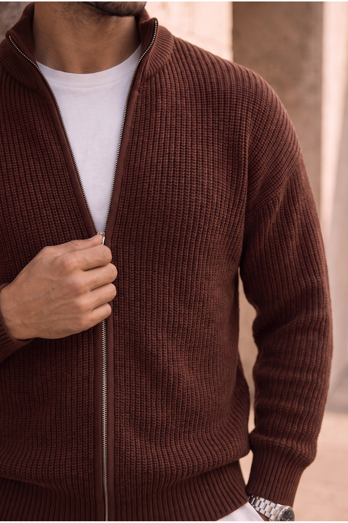 Woody Oversize Selanik Örme Fermuarlı Erkek Hırka- Kahve — قهوه‌ای DH10010 — تصویر 7 از 8
