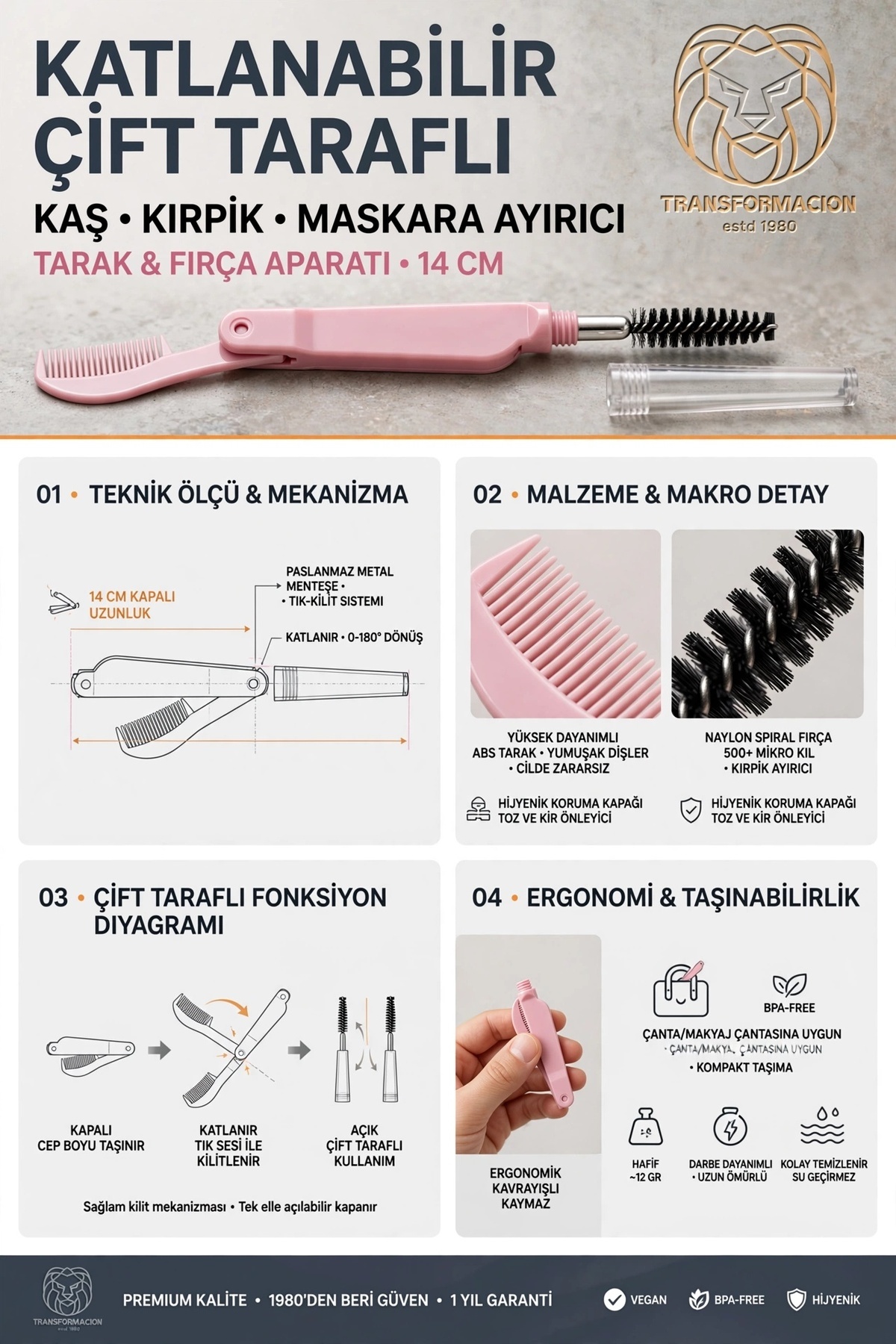 Kirpik Fırçası Kaş Tarağı Kaş ve Kirpik Fırçlı Tarak Katlanabilir Kaş Kirpik Maskara Ayırıcı Tarak Fırça Aparatı 14 cm 721402 — مشکی — تصویر 5 از 7