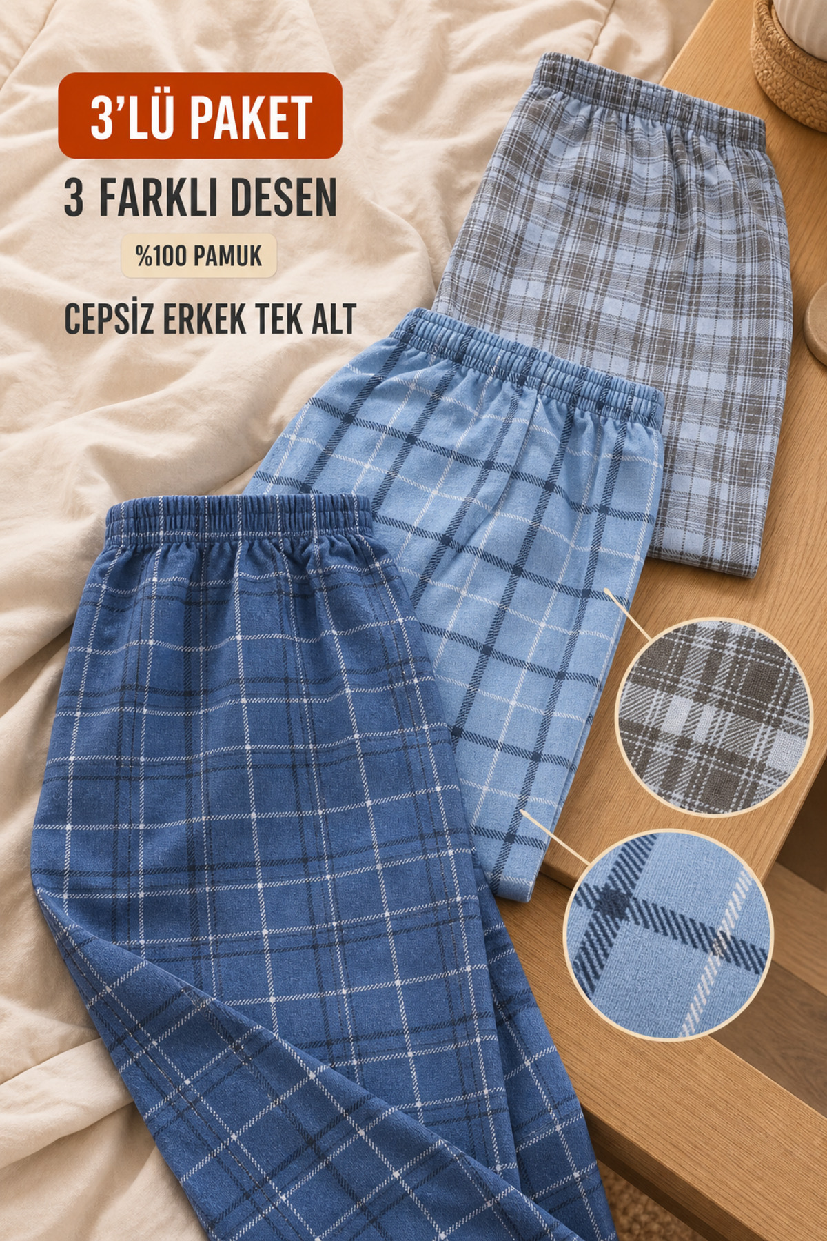 Nova Fuşya Lingerie Erkek 3'lü Paket %100 Pamuk Renkli Rahat Gecelik Pijama Altı görsel 2