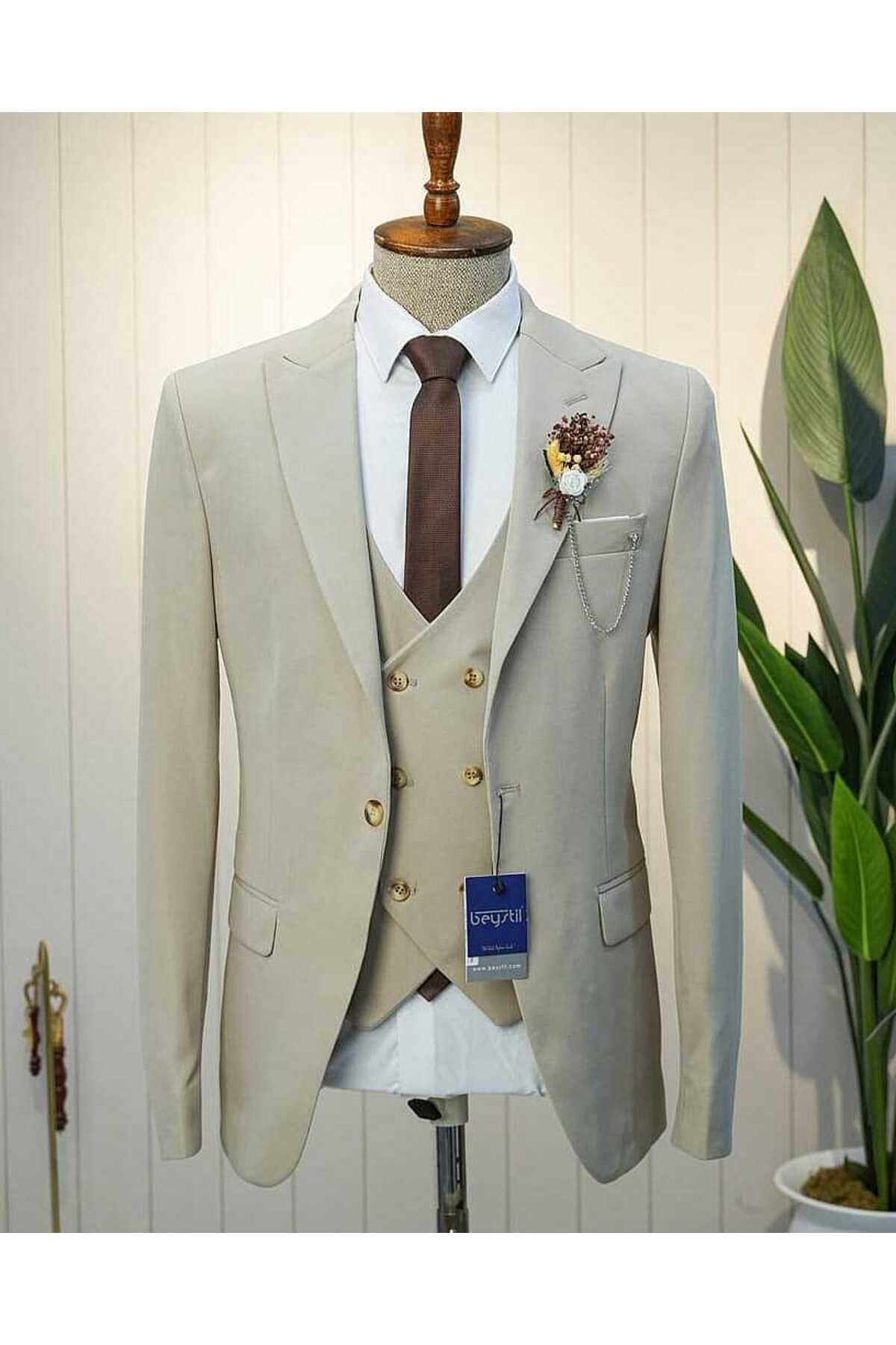 Beystil Sivri Yaka Krem Yelekli Takım Elbise Petek -Slim Fit görsel 2