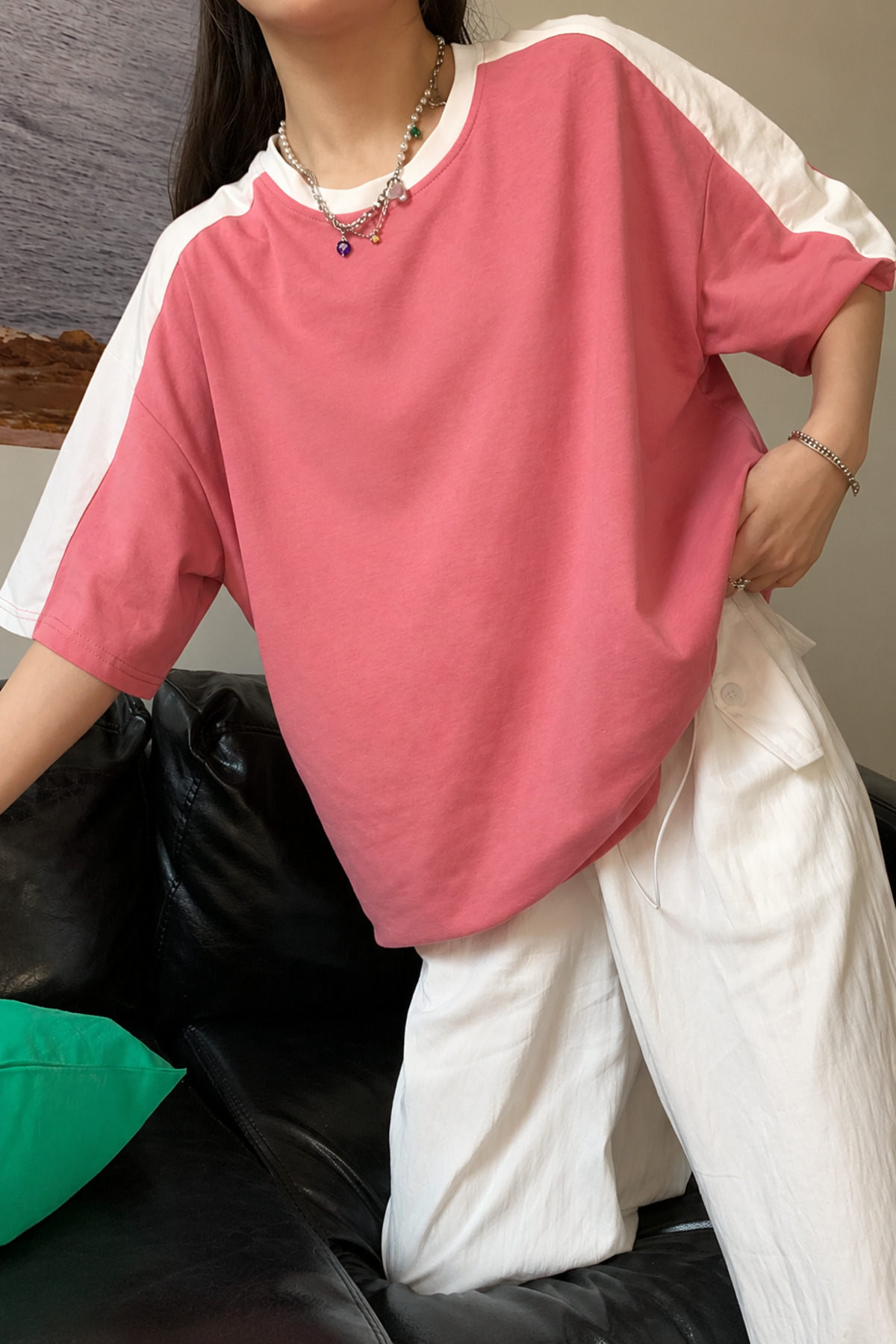 CLAYES Pink Body, White Striped Single Jersey T-Shirt - Oversize Crew Neck Short Sleeve T-Shirt