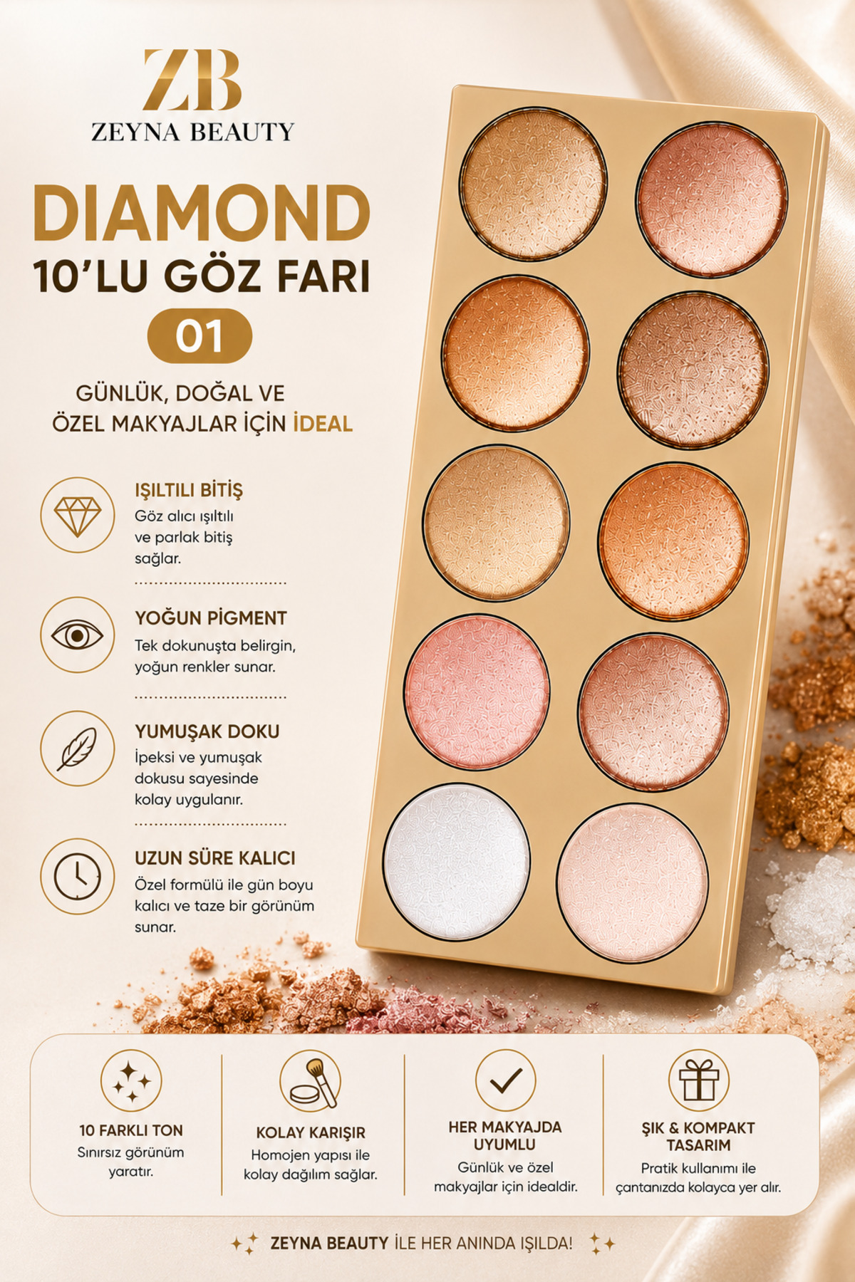 Diamond 10'lu Göz Farı Paleti 01 – Işıltılı ve Yoğun Pigmentli 10 Renk — رنگارنگ dodo-01 — تصویر 5 از 5
