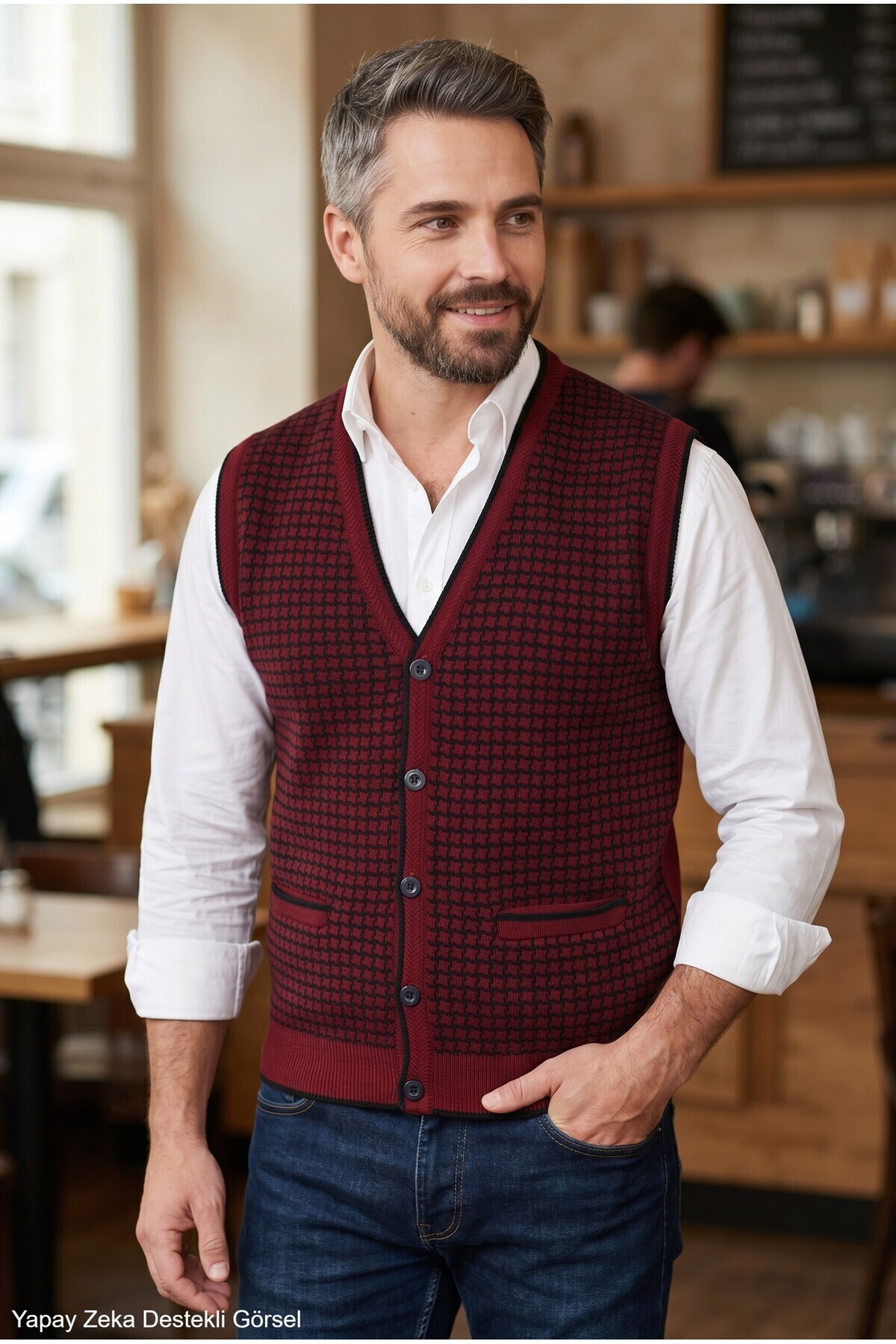 Erkek Bordo Tüylenme Yapmayan Anti Pilling Kumaş Standart Fit Cepli Kışlık Kazayağı Triko Yelek
