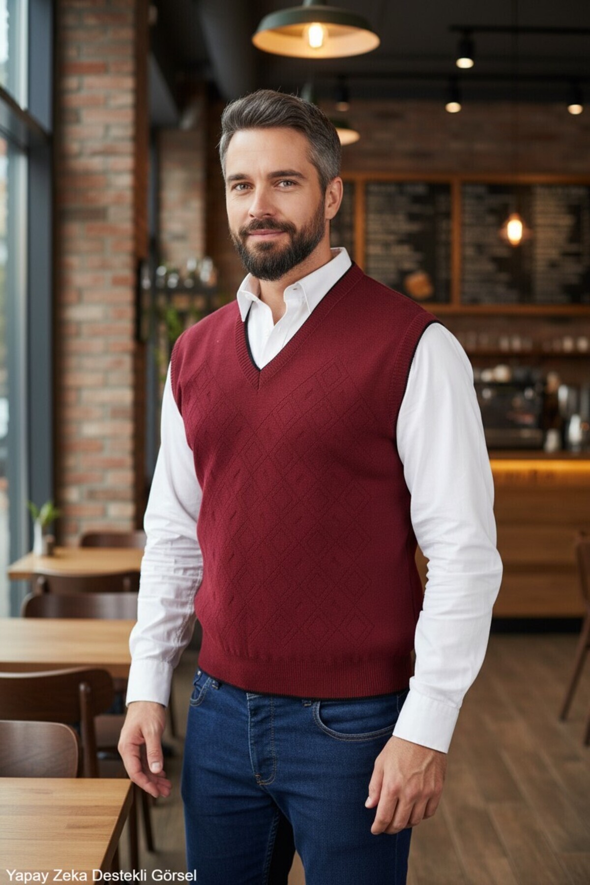 Erkek Bordo Tüylenme Yapmayan Anti Pilling Kumaş Standart Fit Normal Kesim V Yaka Triko Süveter