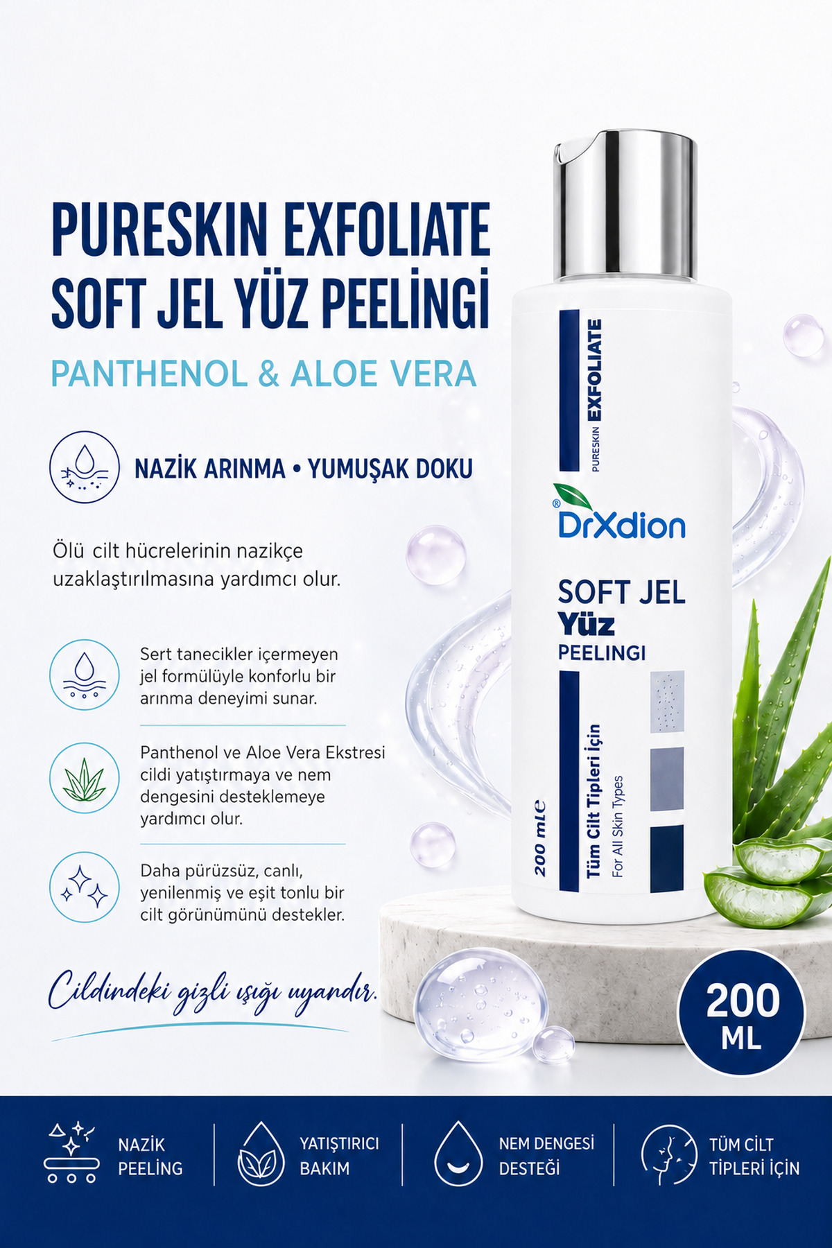 PureSkin Exfoliate Soft Jel Yüz Peelingi – Panthenol & Aloe Vera – Tüm Cilt Tipleri – 200 ml — peel1 — تصویر 2 از 3