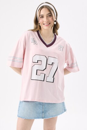 CrepTekstil Crep Kadın 27 Baskılı Kolej Stil V Yaka Kısa Kollu T-Shirt Relaxe...