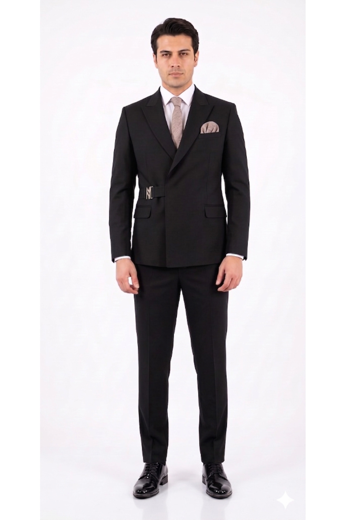 REMA STİL Erkek Tokalı Kruvaze Takım Elbise İtalyan Stil Slim Fit Ceket Pantolon En Boy Likralı — مشکی rm2125