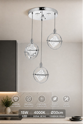 Elvora Home Modern (PREMİUM) Krom 3'lü Sarkıt Avize Cam Detaylı Mutfak Salon ...